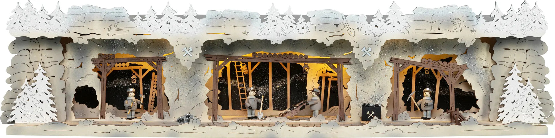 LED Panorama Schwibbogenerhöhung "Bergbau" beschneit – Frontal beleuchtet