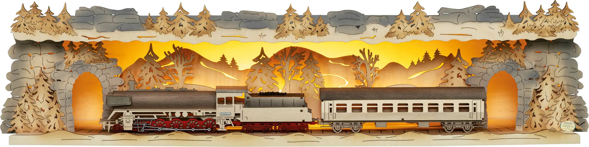 LED Panorama Schwibbogenerhöhung "Eisenbahn" – Frontal beleuchtet