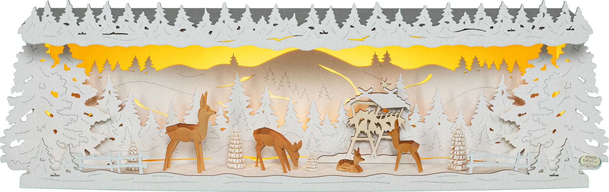 LED Panorama Schwibbogenerhöhung "Rehe im Wald" beschneit – Frontal beleuchtet