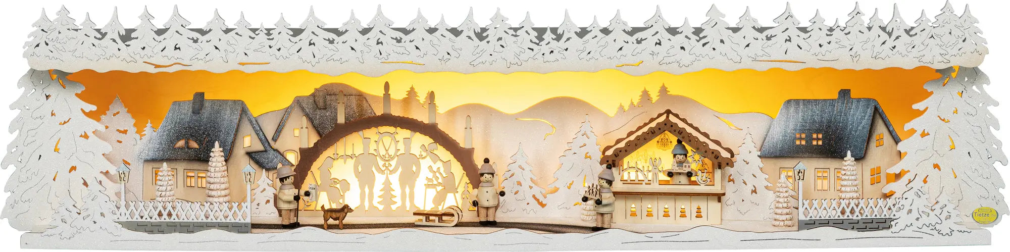 LED Panorama Schwibbogenerhöhung "Weihnachtsidylle" beschneit – Frontal beleuchtet