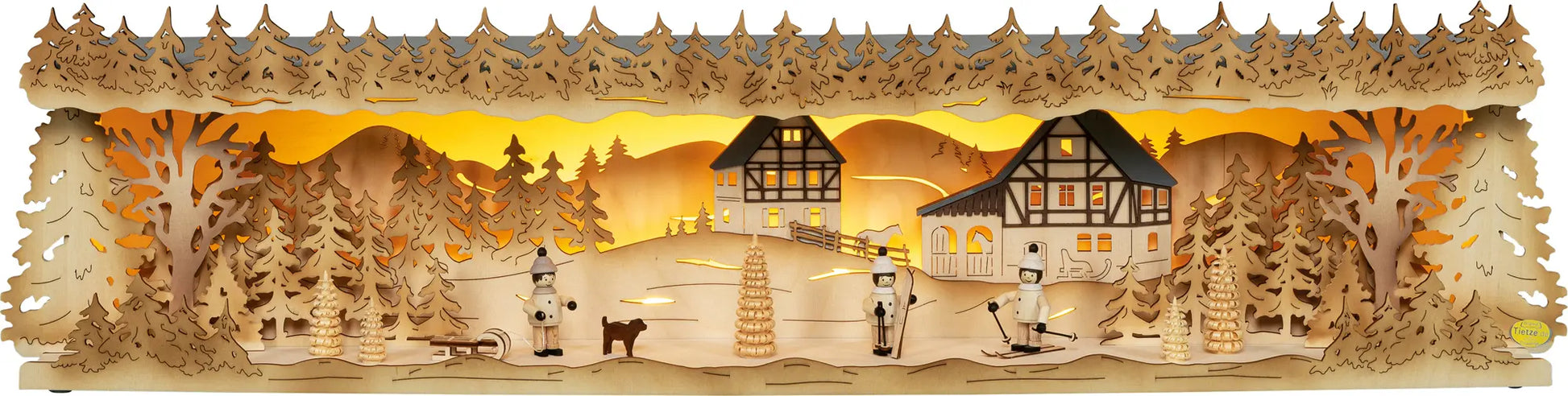 LED Panorama Schwibbogenerhöhung "Winterkinder" – Frontal beleuchtet
