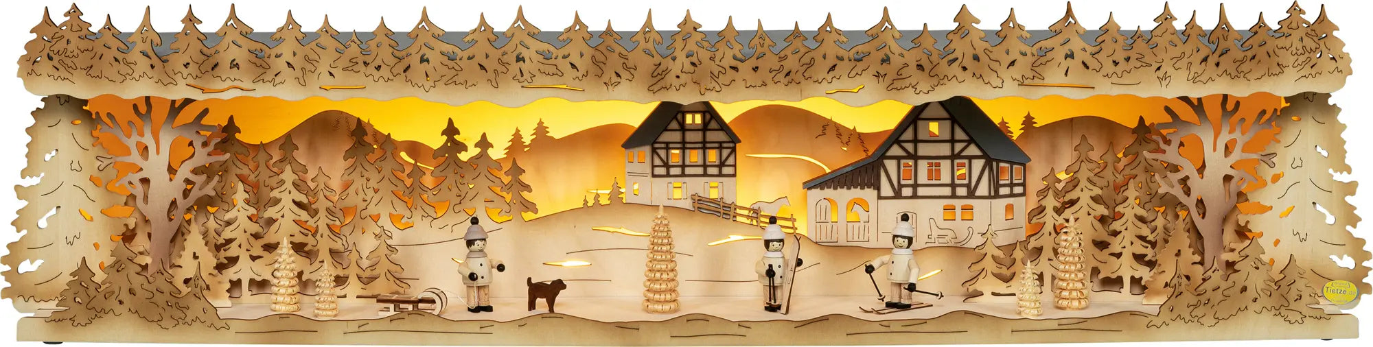 LED Panorama Schwibbogenerhöhung "Winterkinder" – Frontal beleuchtet