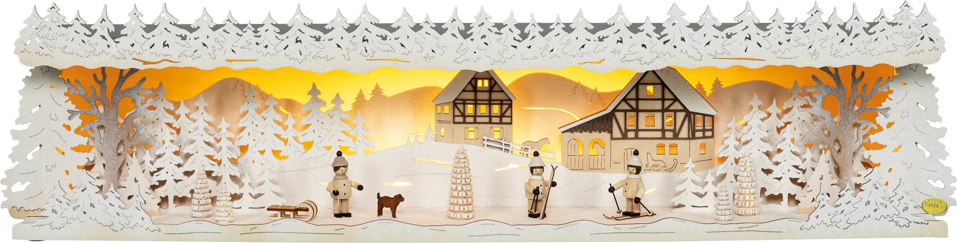 LED Panorama Schwibbogenerhöhung "Winterkinder" beschneit – Frontal beleuchtet
