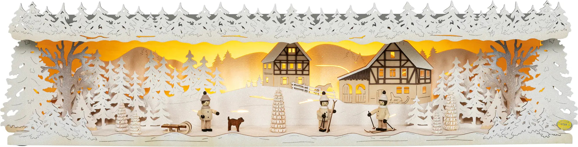 LED Panorama Schwibbogenerhöhung "Winterkinder" beschneit – Frontal beleuchtet
