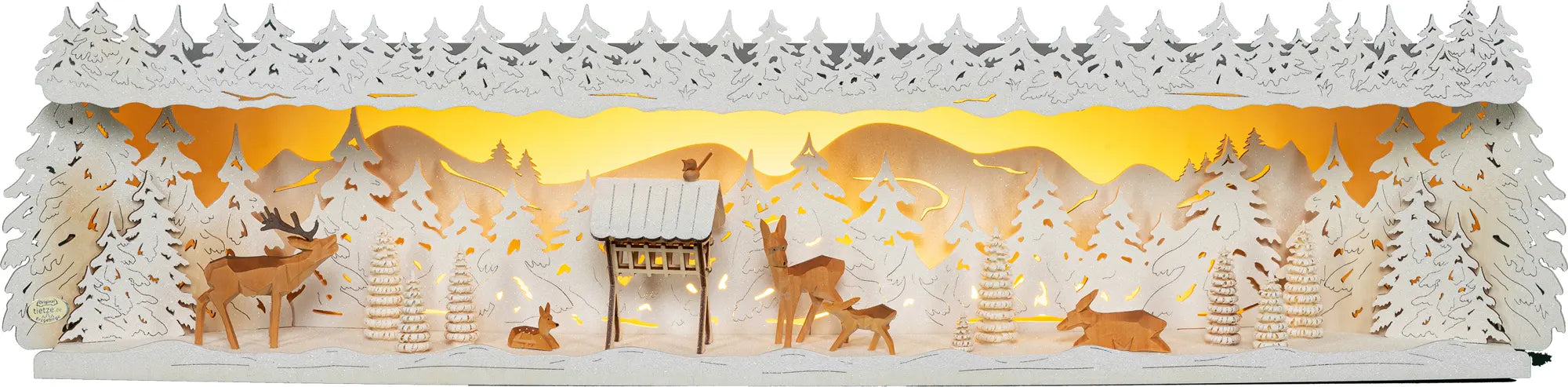 LED Panorama Schwibbogenerhöhung "Winterwald" beschneit – Frontal beleuchtet