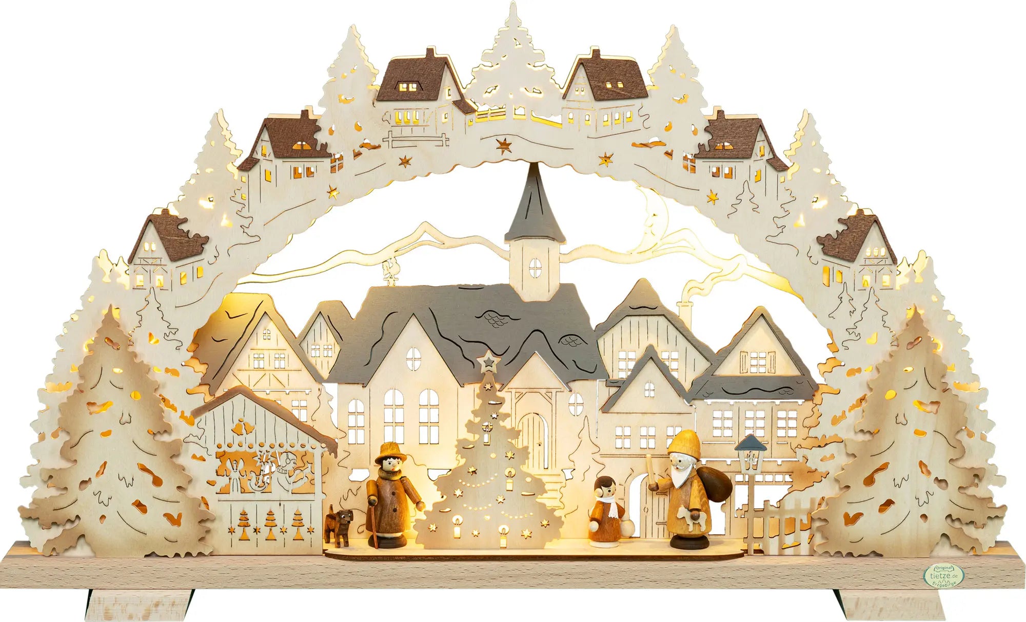 LED Schwibbogen "Adventszeit in der Kleinstadt" mit naturfarbenen Hennigfiguren – Frontal beleuchtet