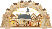 LED Schwibbogen "Adventzeit" mit farbigen Figuren – Frontal beleuchtet