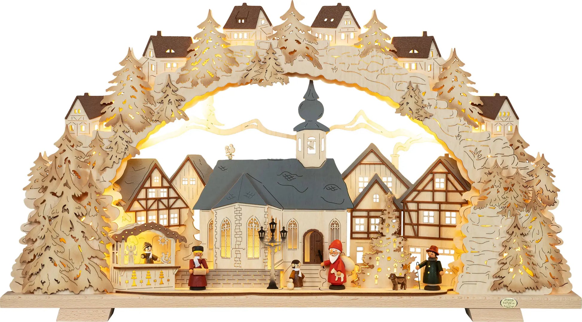 LED Schwibbogen "Adventzeit" mit farbigen Figuren – Frontal beleuchtet