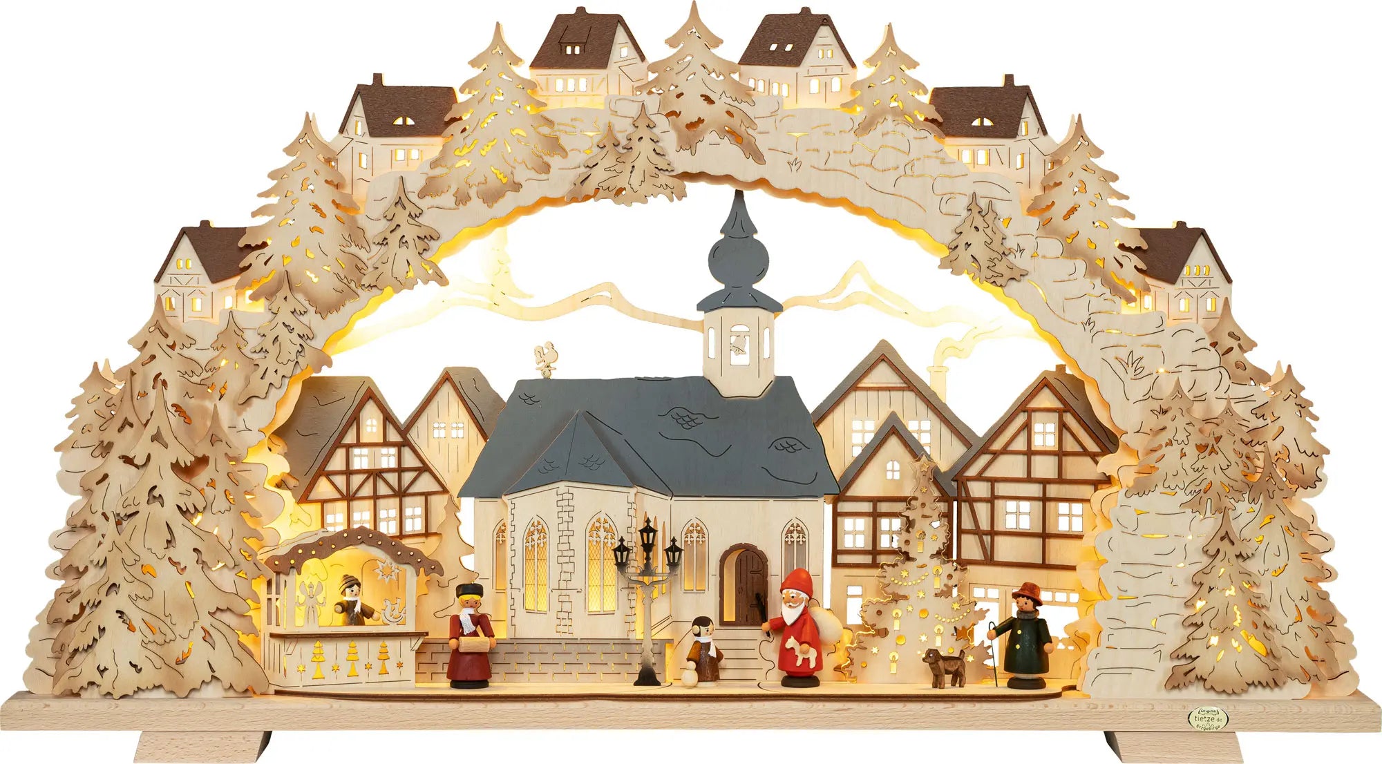 LED Schwibbogen "Adventzeit" mit farbigen Figuren – Frontal beleuchtet
