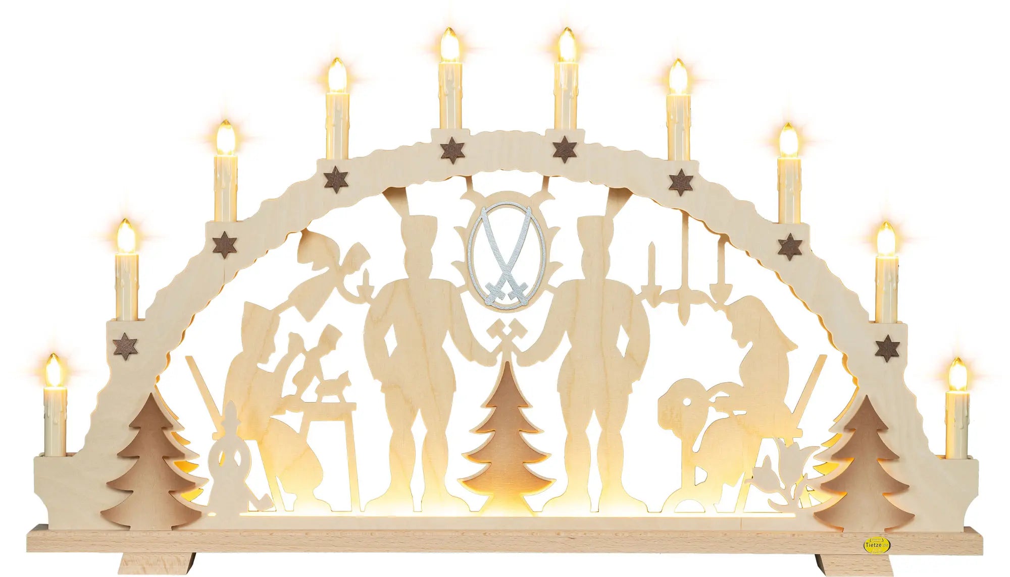 LED Schwibbogen "Schnitzer und Klöppelfrau" – Frontal beleuchtet