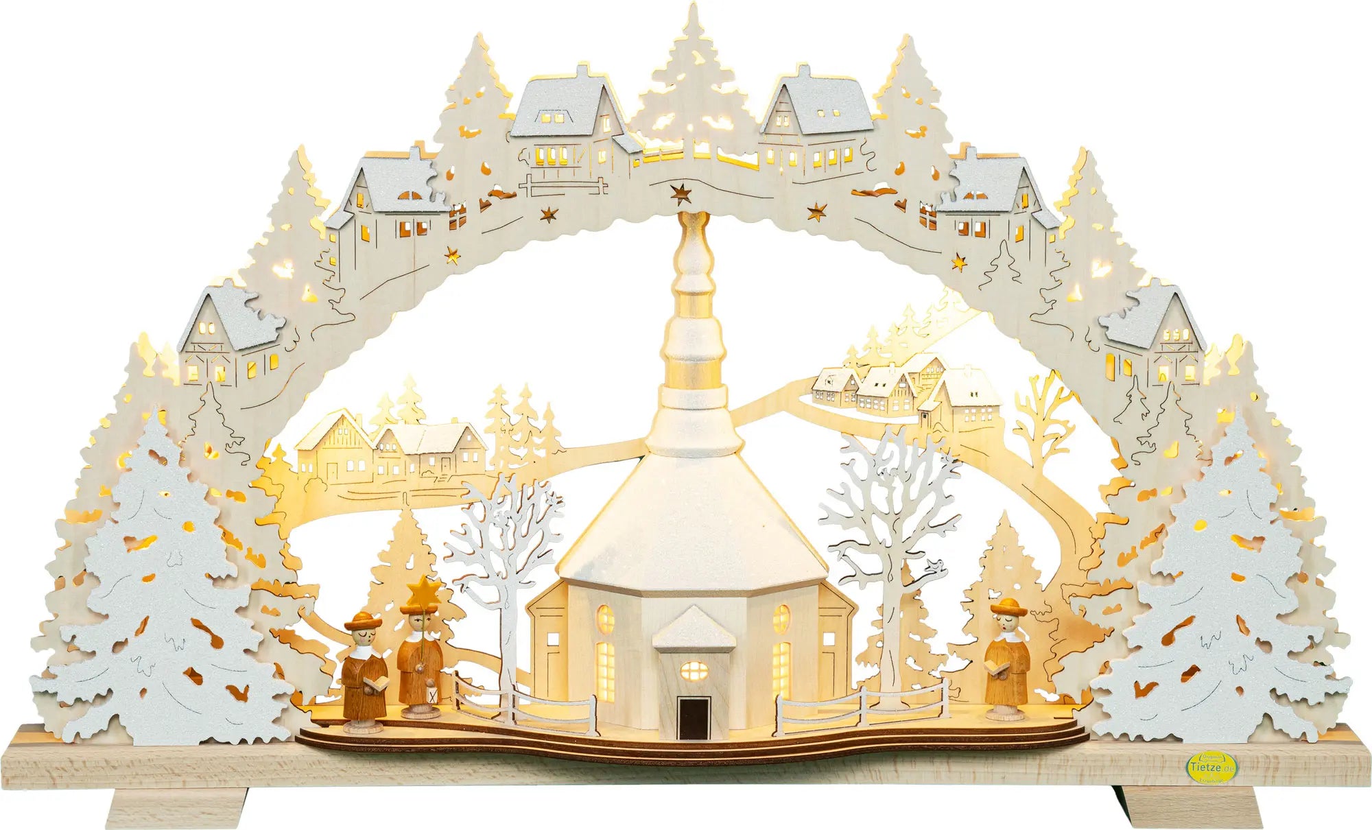 LED Schwibbogen "Seiffener Kirche" beschneit – Frontal beleuchtet
