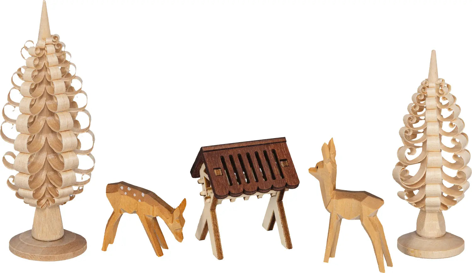 Bestückungsset: 2 Spanbäume, 2 Rehe handgeschnitzt, 1 Futterkrippe