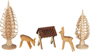 Bestückungsset: 2 Spanbäume, 2 Rehe handgeschnitzt, 1 Futterkrippe
