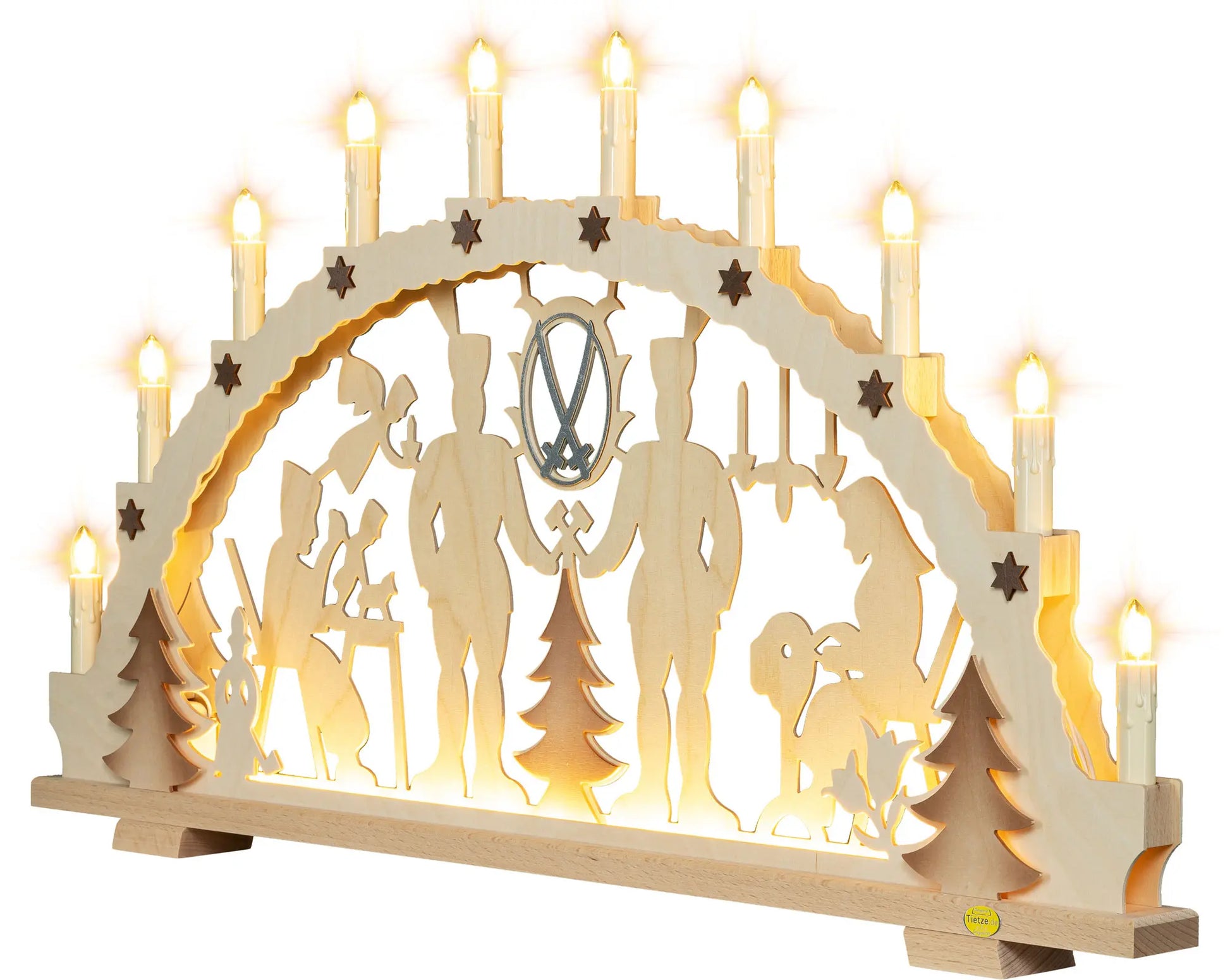 LED Schwibbogen "Schnitzer und Klöppelfrau" – 45° Ansicht von links