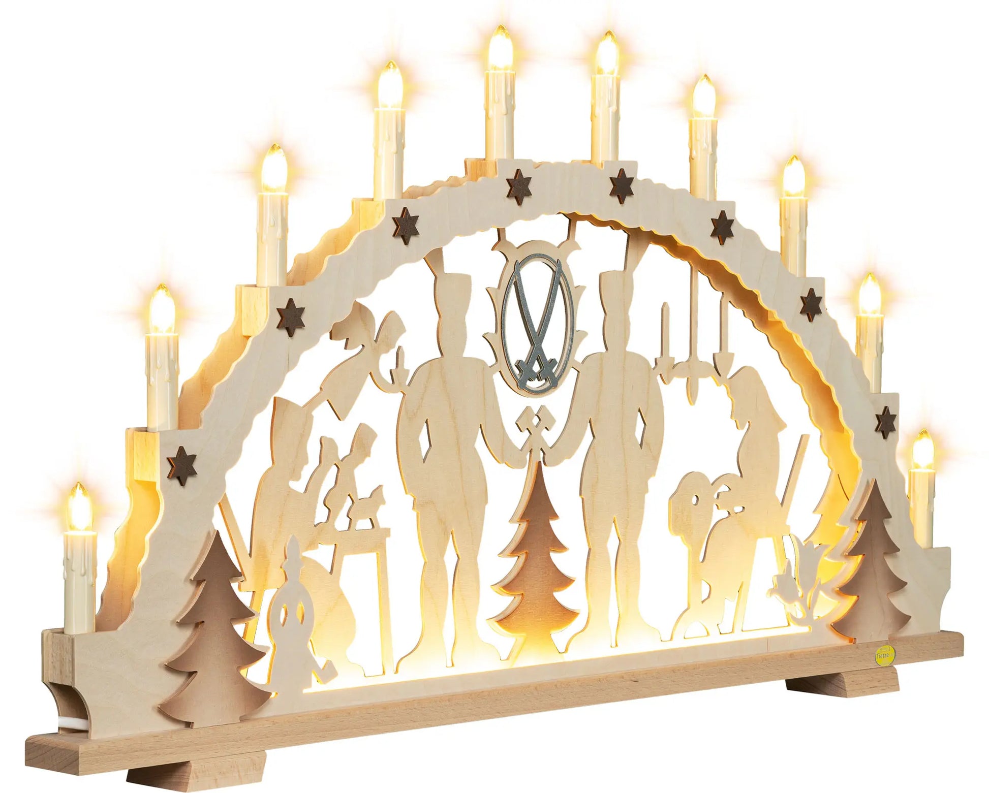 LED Schwibbogen "Schnitzer und Klöppelfrau" – 45° Ansicht von rechts