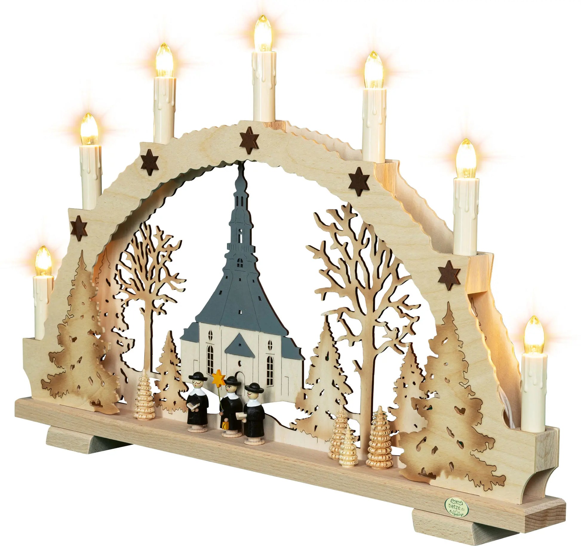 LED Schwibbogen "Seiffener Kirche" – 45° Ansicht von links