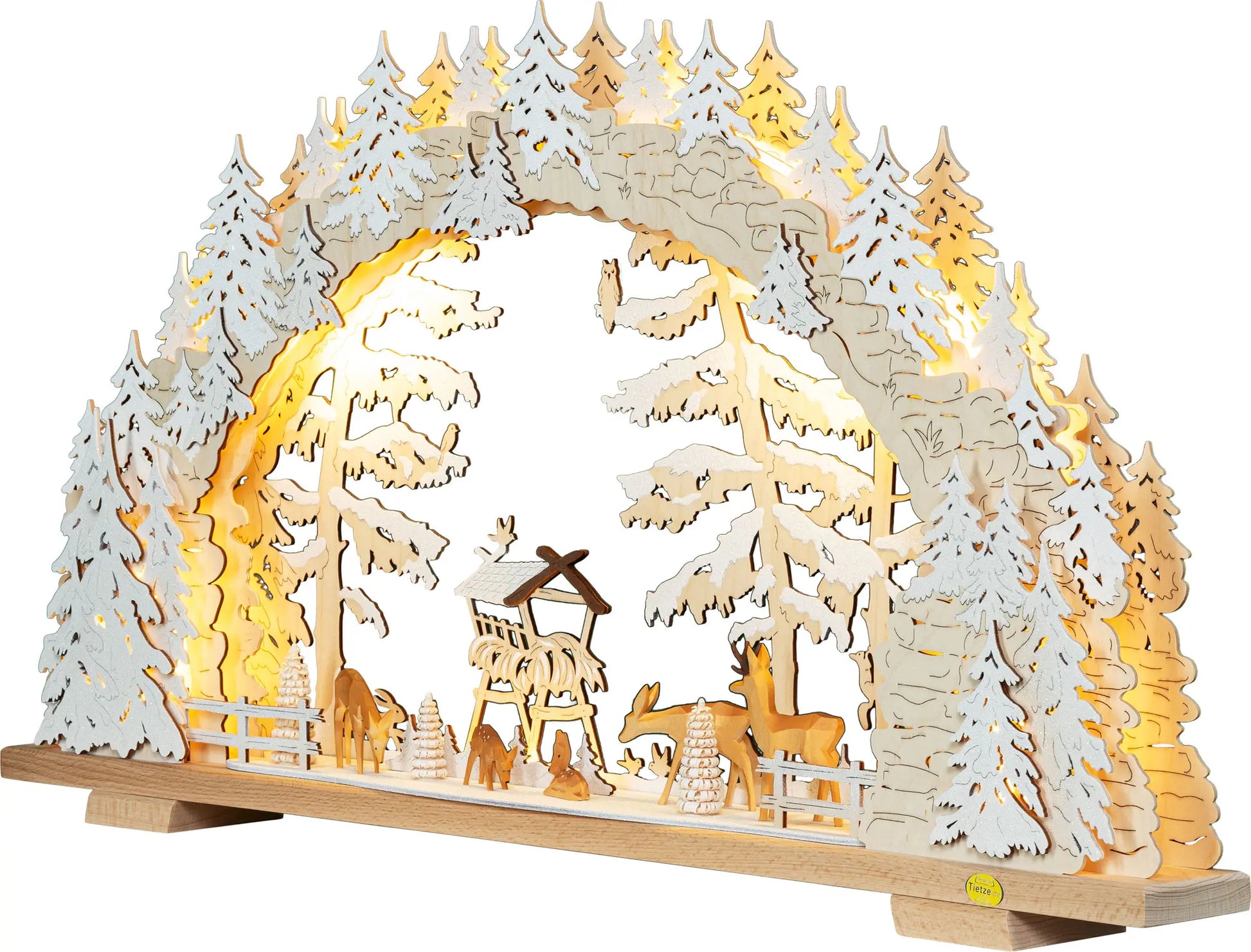 LED Schwibbogen "Wildfütterung" beschneit – 45° Ansicht von links