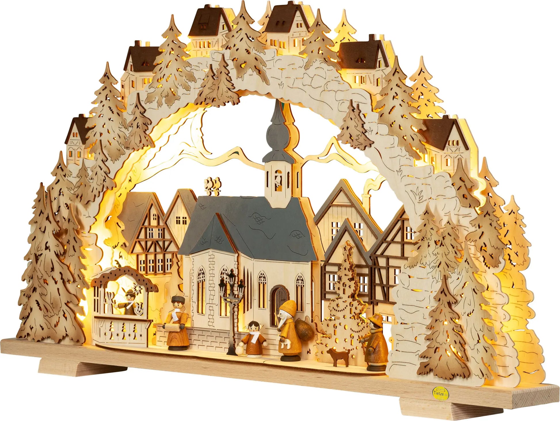 LED Schwibbogen "Adventzeit" mit naturfarbenen Figuren – 45° Ansicht von links