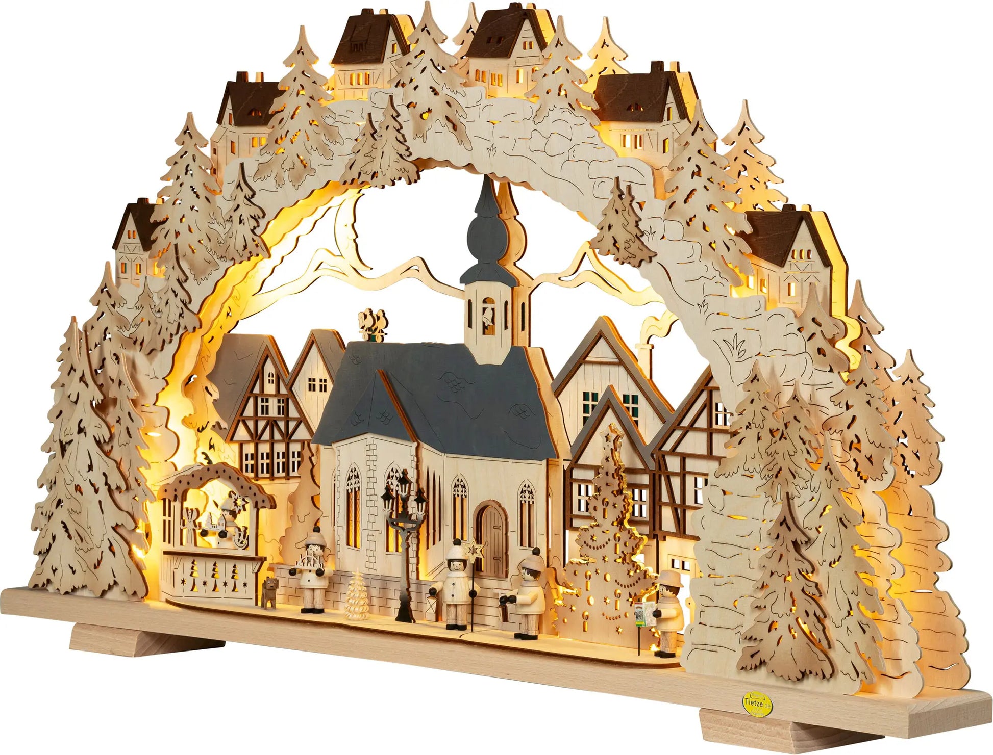 LED Schwibbogen "Advent" mit Tietze Figuren – 45° Ansicht von links