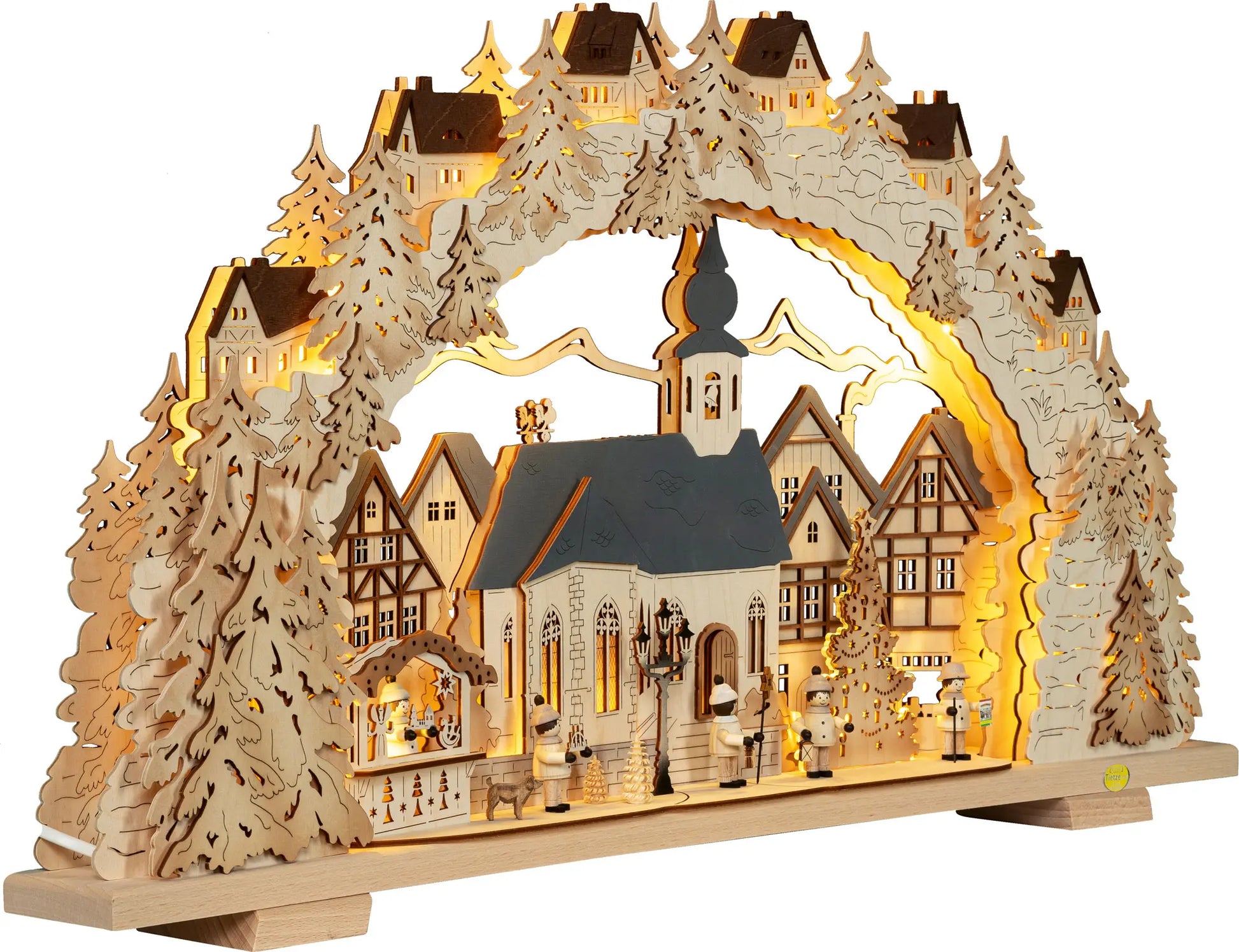 LED Schwibbogen "Advent" mit Tietze Figuren – 45° Ansicht von rechts