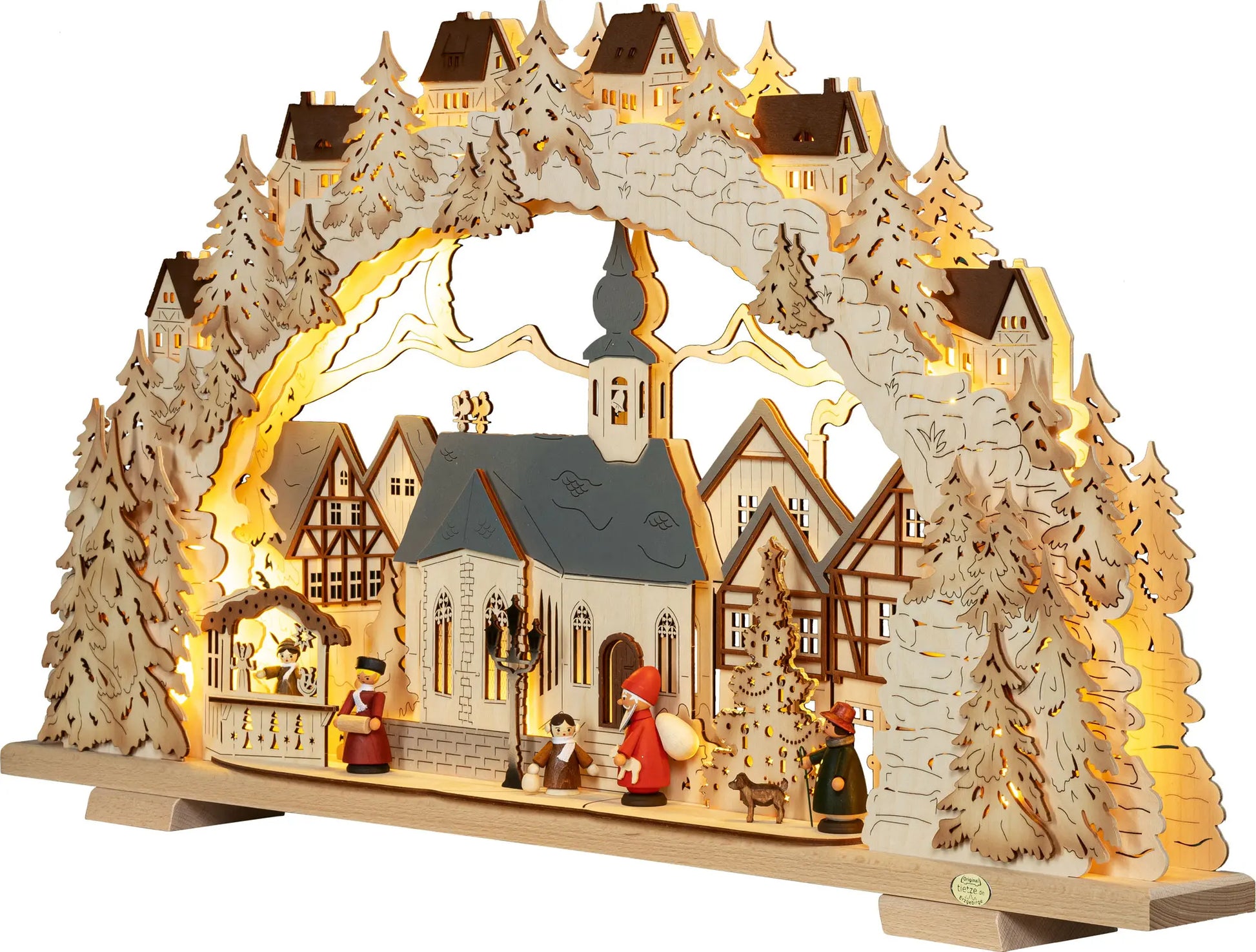 LED Schwibbogen "Adventzeit" mit farbigen Figuren – 45° Ansicht von links