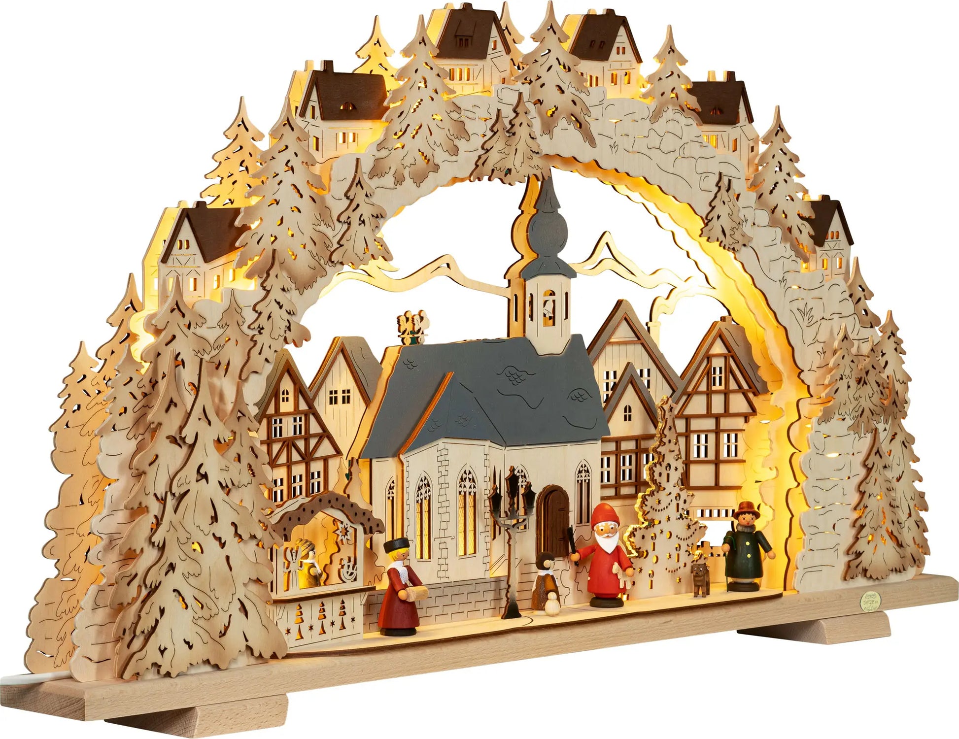 LED Schwibbogen "Adventzeit" mit farbigen Figuren – 45° Ansicht von rechts
