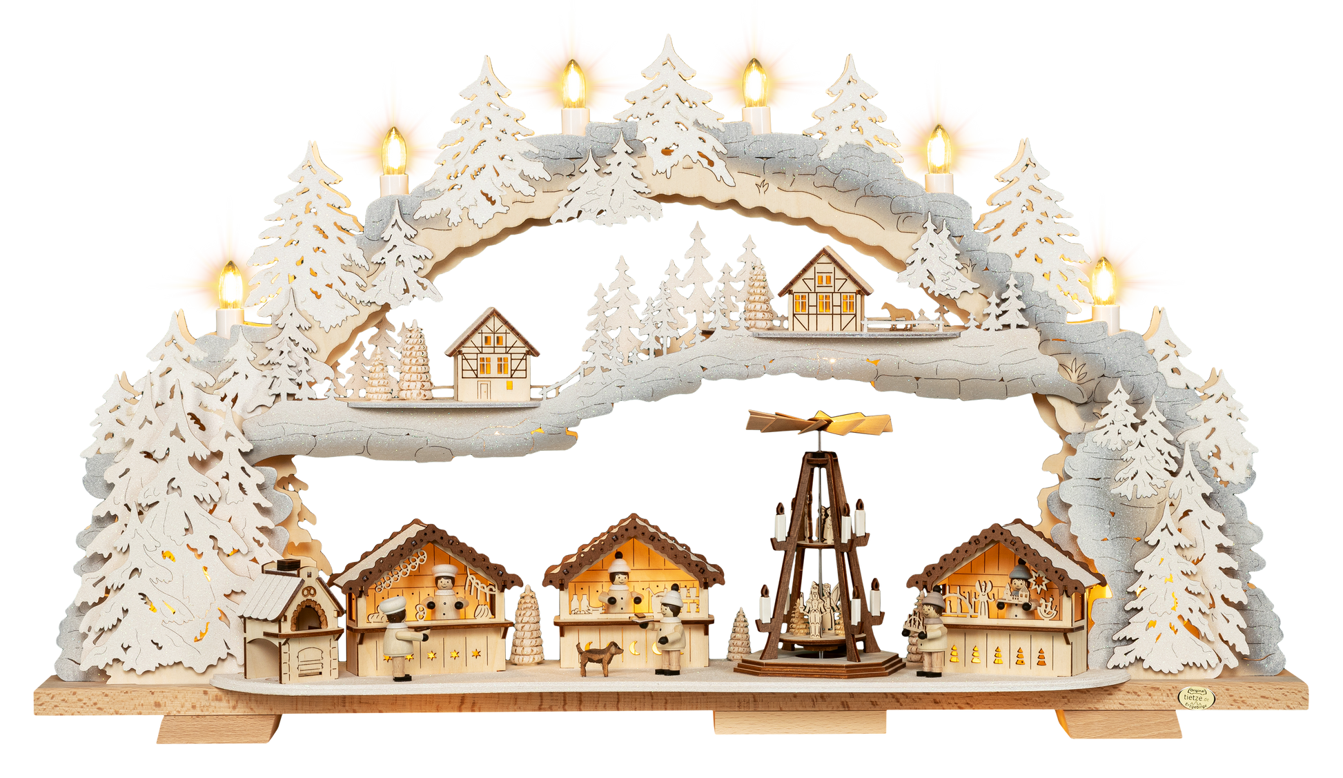 LED Schwibbogen "Weihnachtsmarkt" beschneit – Frontal beleuchtet