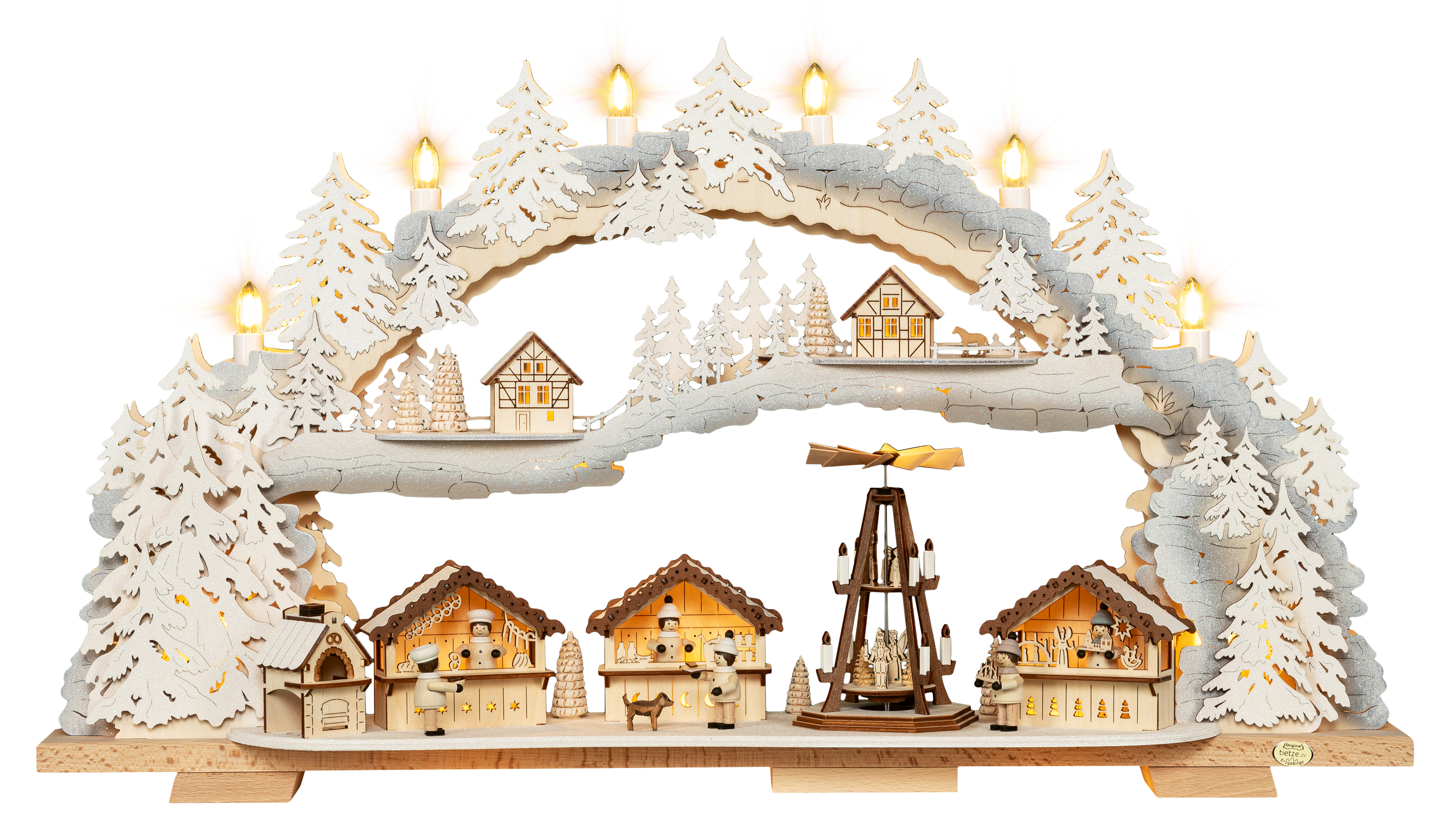 LED Schwibbogen "Weihnachtsmarkt" beschneit – Frontal beleuchtet