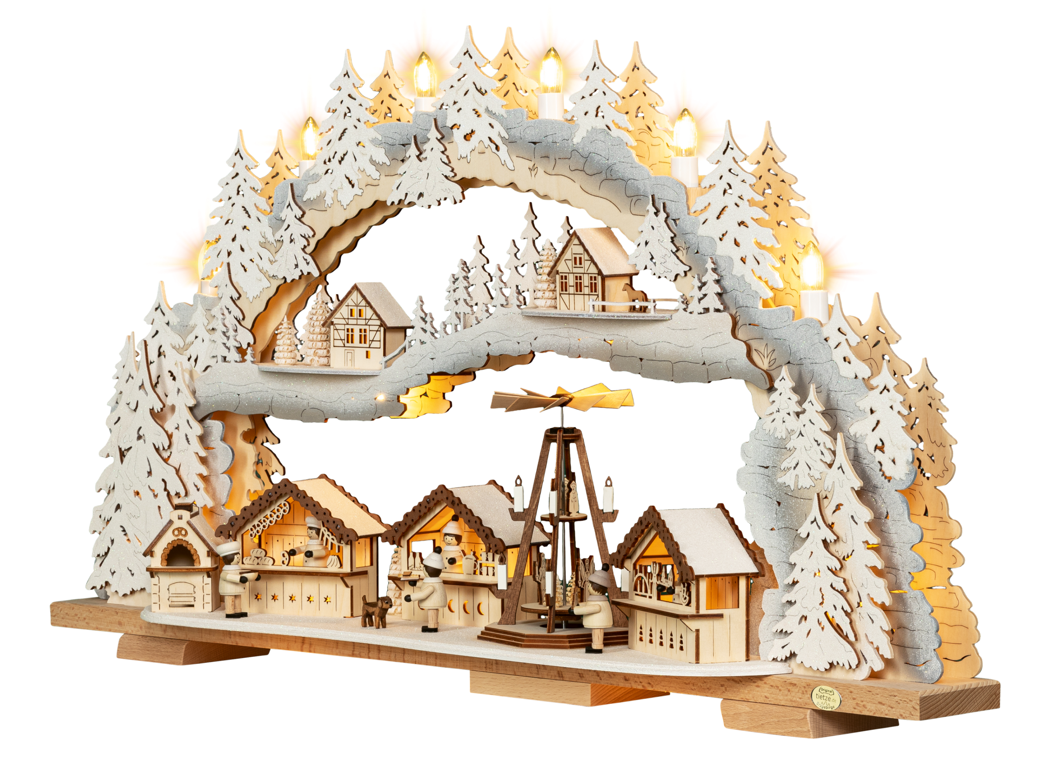 LED Schwibbogen "Weihnachtsmarkt" beschneit – 45° Ansicht von links