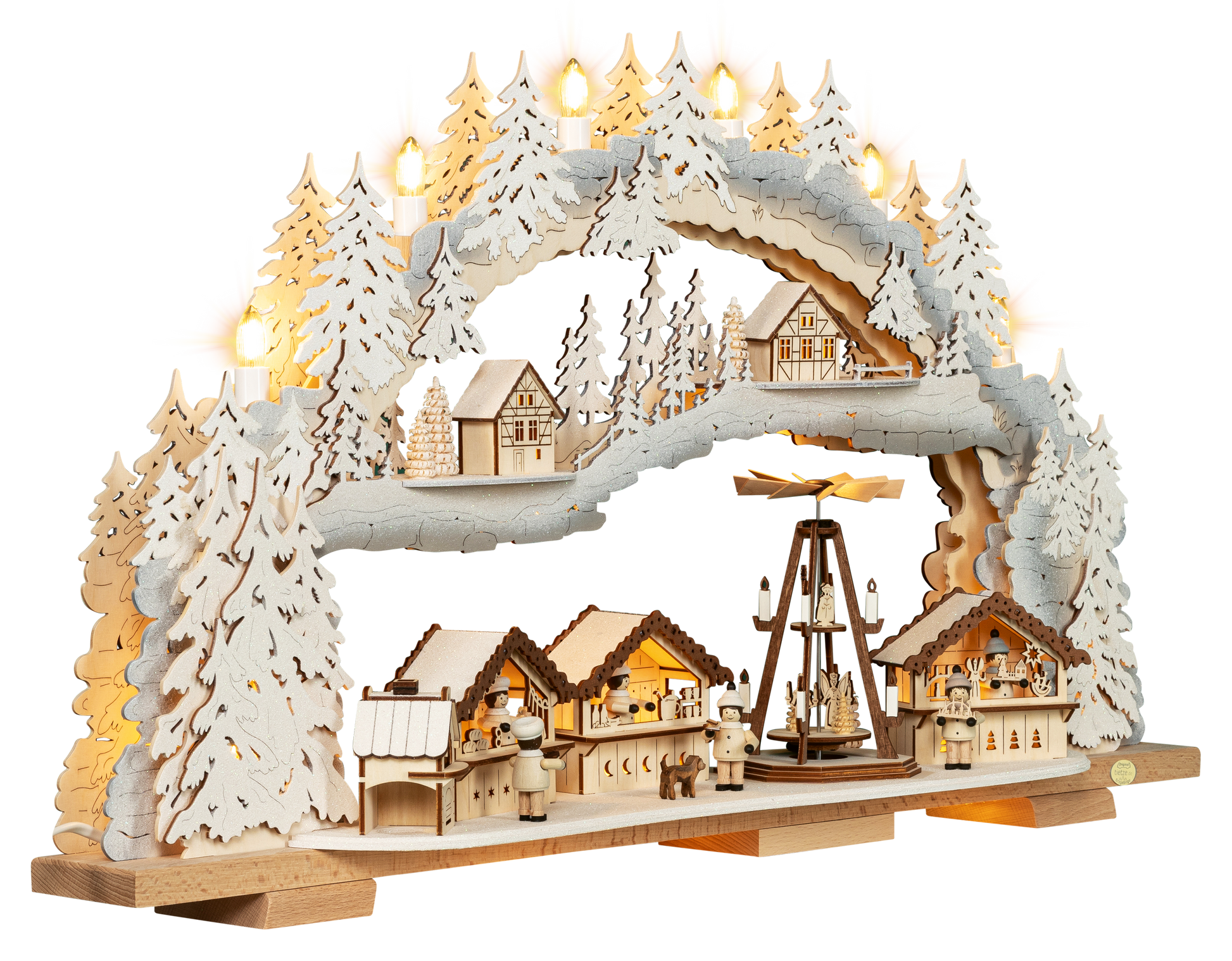 LED Schwibbogen "Weihnachtsmarkt" beschneit – 45° Ansicht von rechts