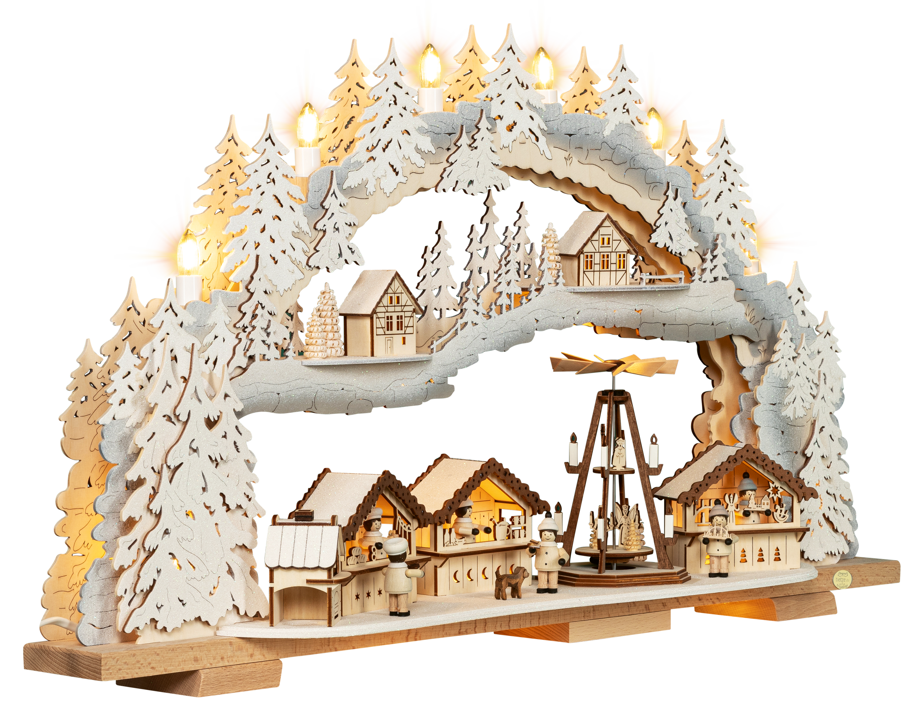 LED Schwibbogen "Weihnachtsmarkt" beschneit – 45° Ansicht von rechts