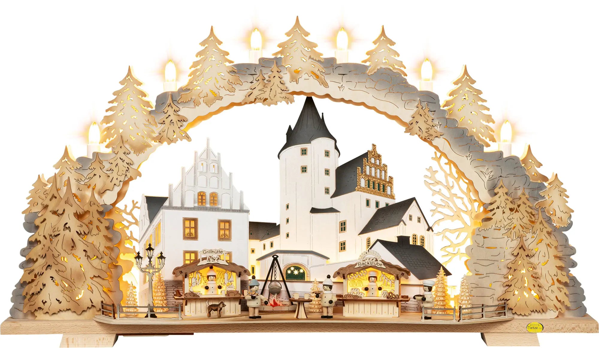 LED Schwibbogen "Schlossweihnacht Schwarzenberg" beschneit – Frontal beleuchtet