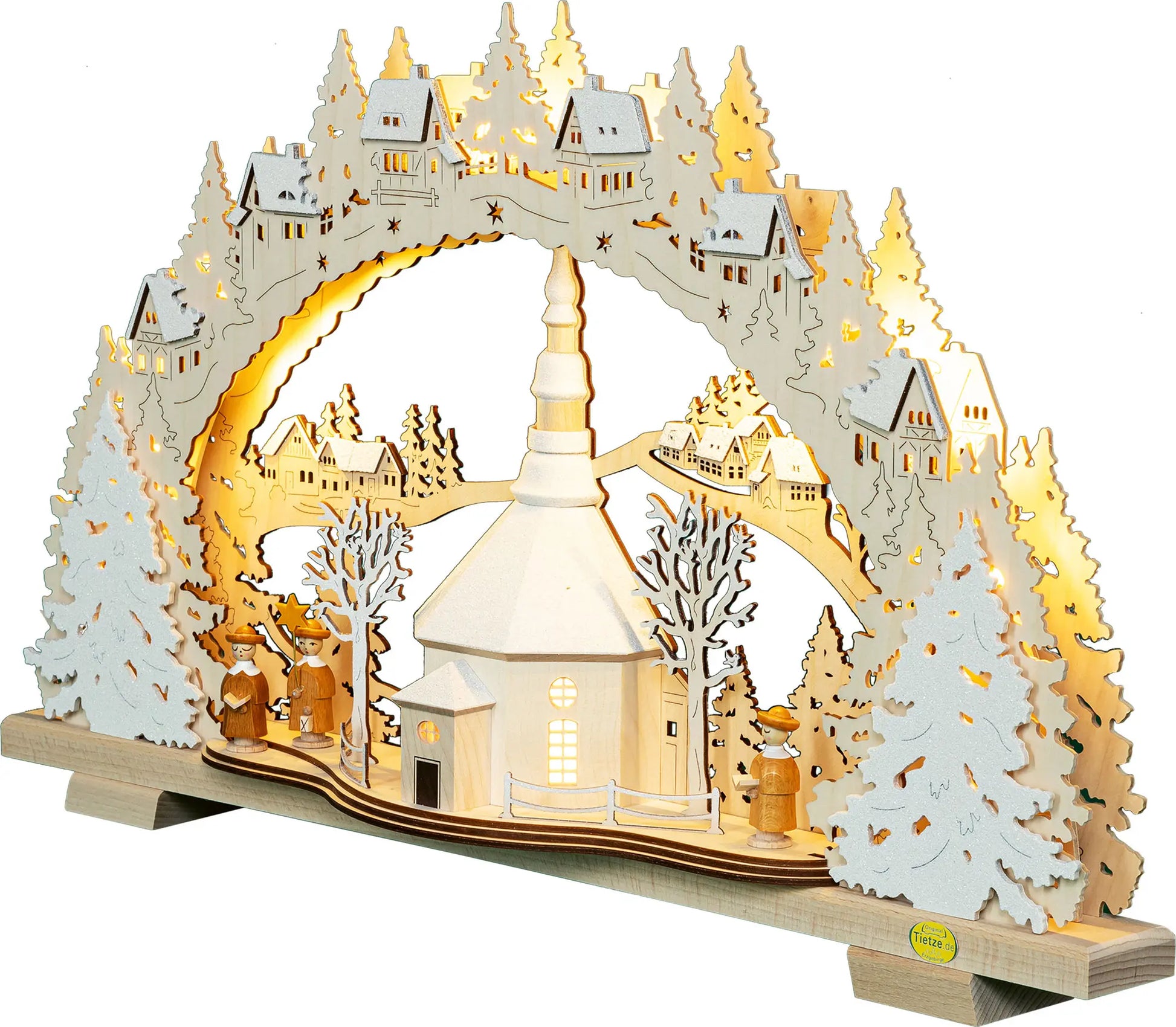 LED Schwibbogen "Seiffener Kirche" beschneit – 45° Ansicht von links