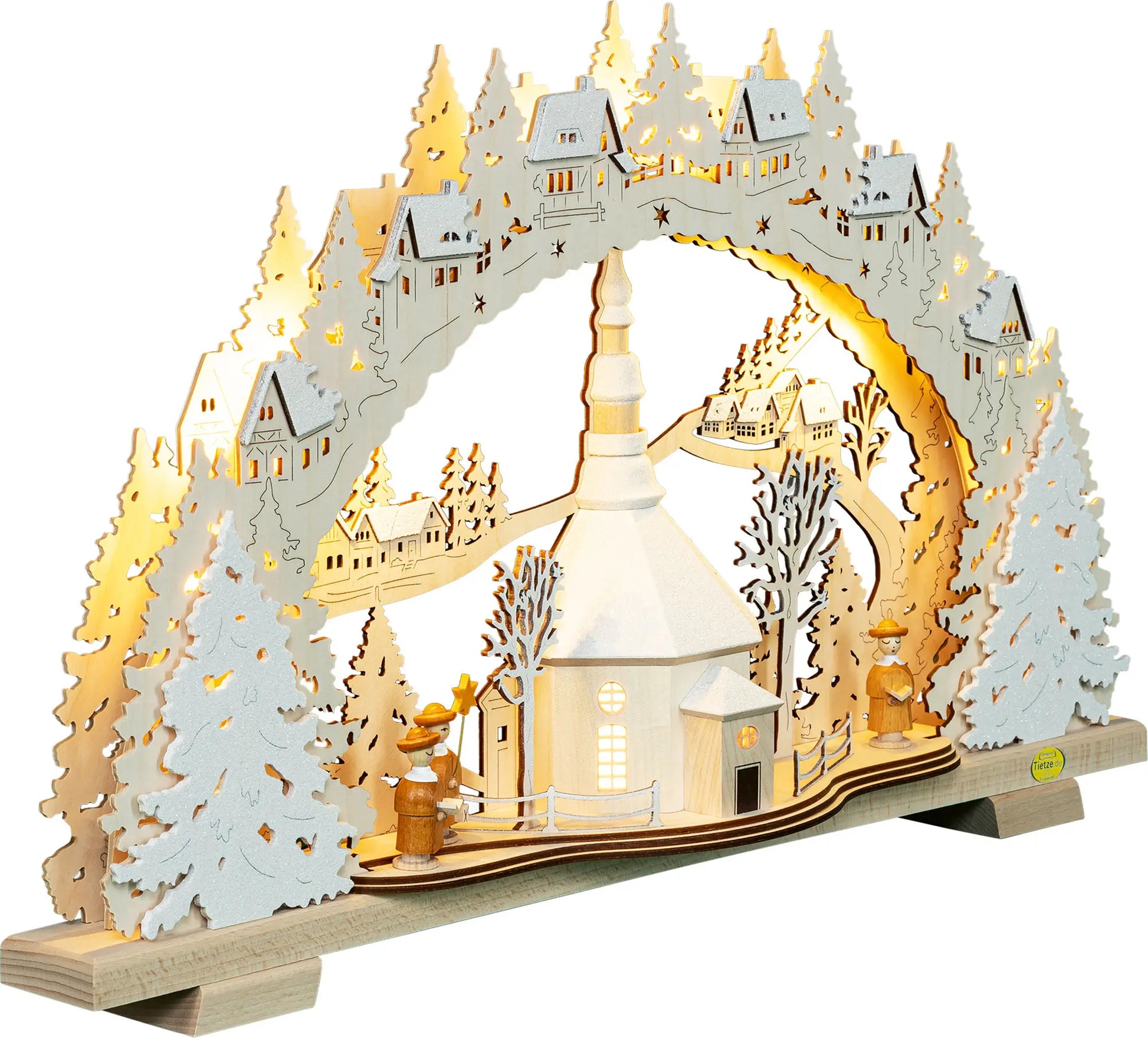 LED Schwibbogen "Seiffener Kirche" beschneit – 45° Ansicht von rechts