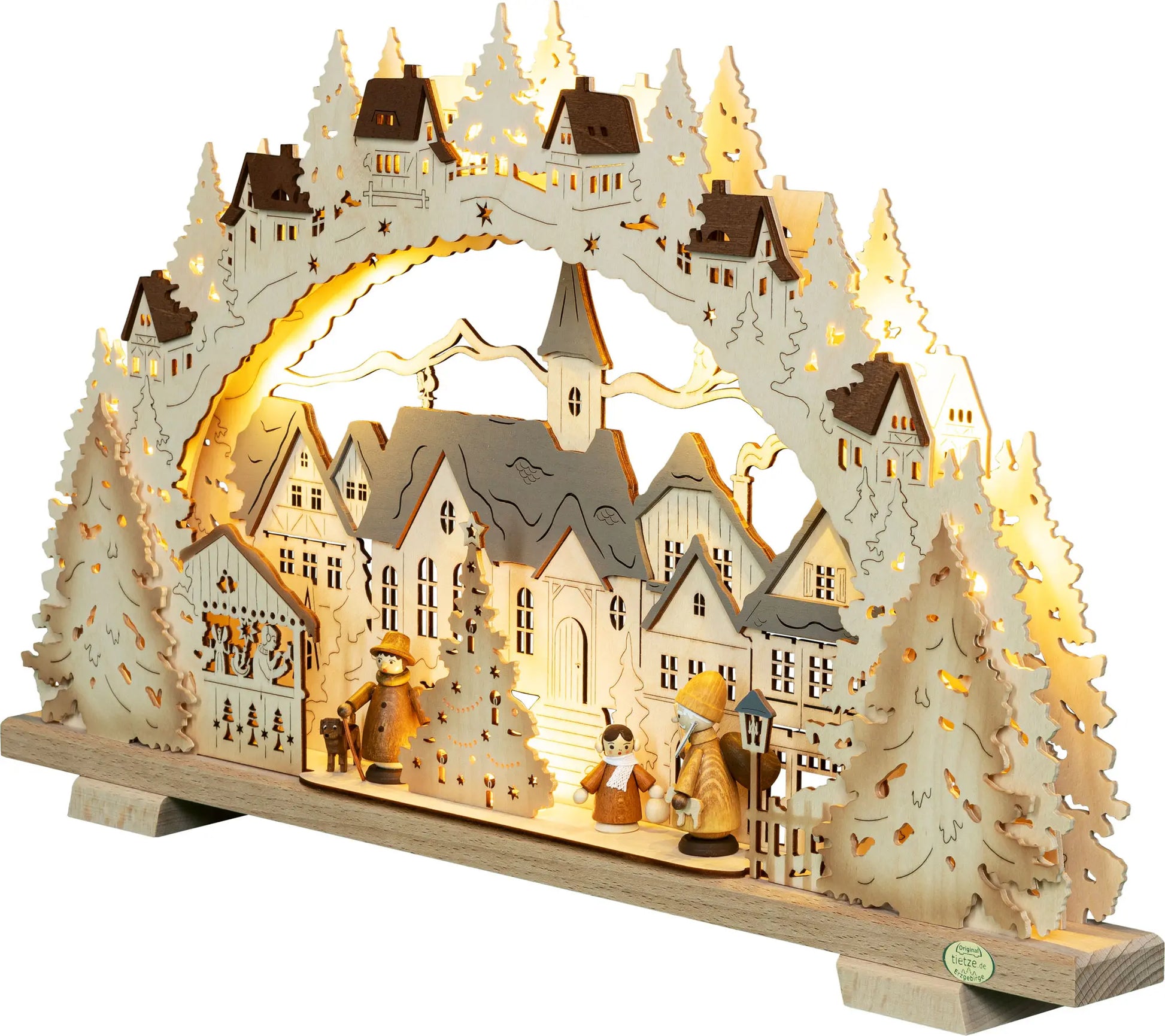 LED Schwibbogen "Adventszeit in der Kleinstadt" mit naturfarbenen Hennigfiguren – 45° Ansicht von links