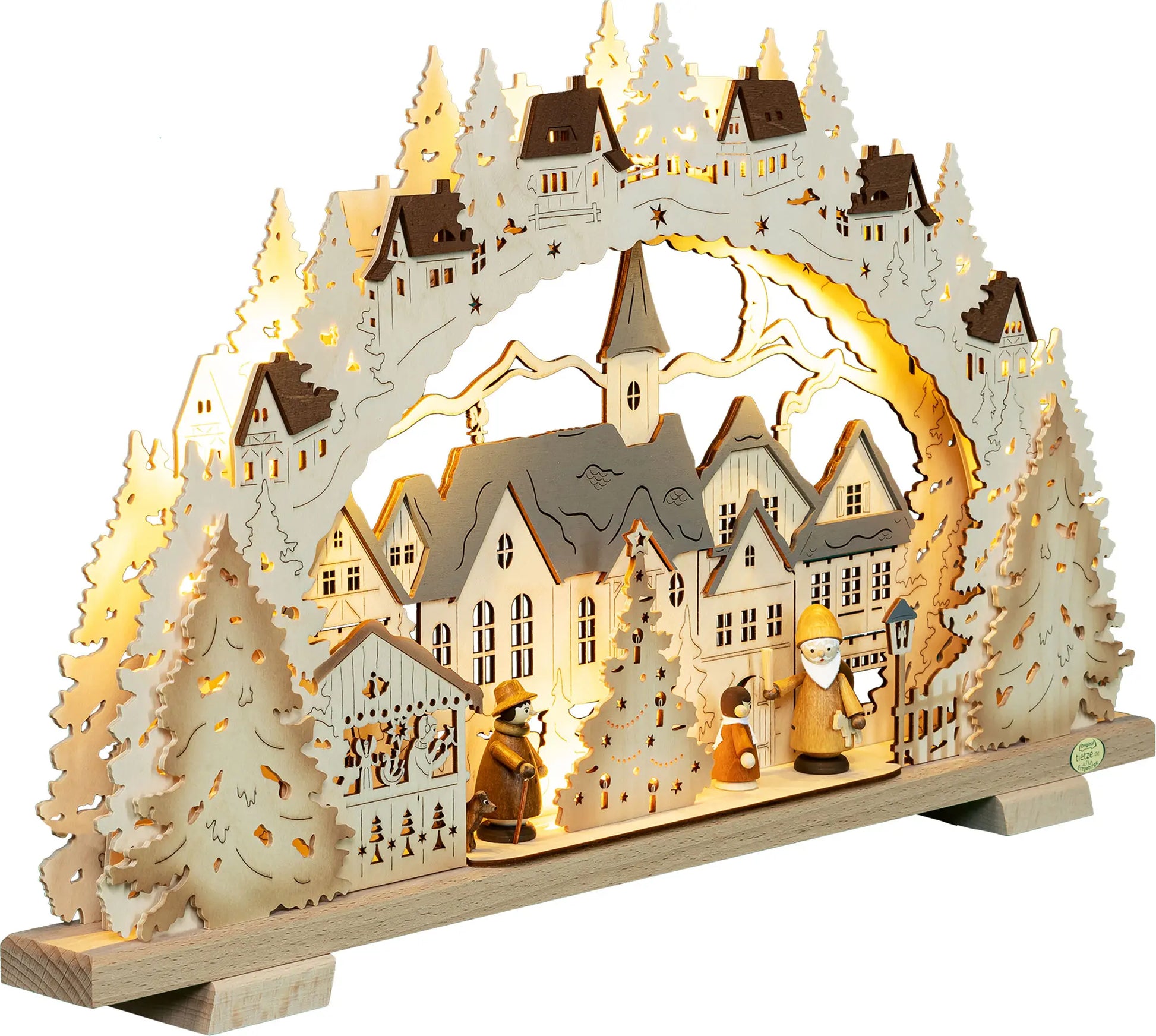LED Schwibbogen "Adventszeit in der Kleinstadt" mit naturfarbenen Hennigfiguren – 45° Ansicht von rechts
