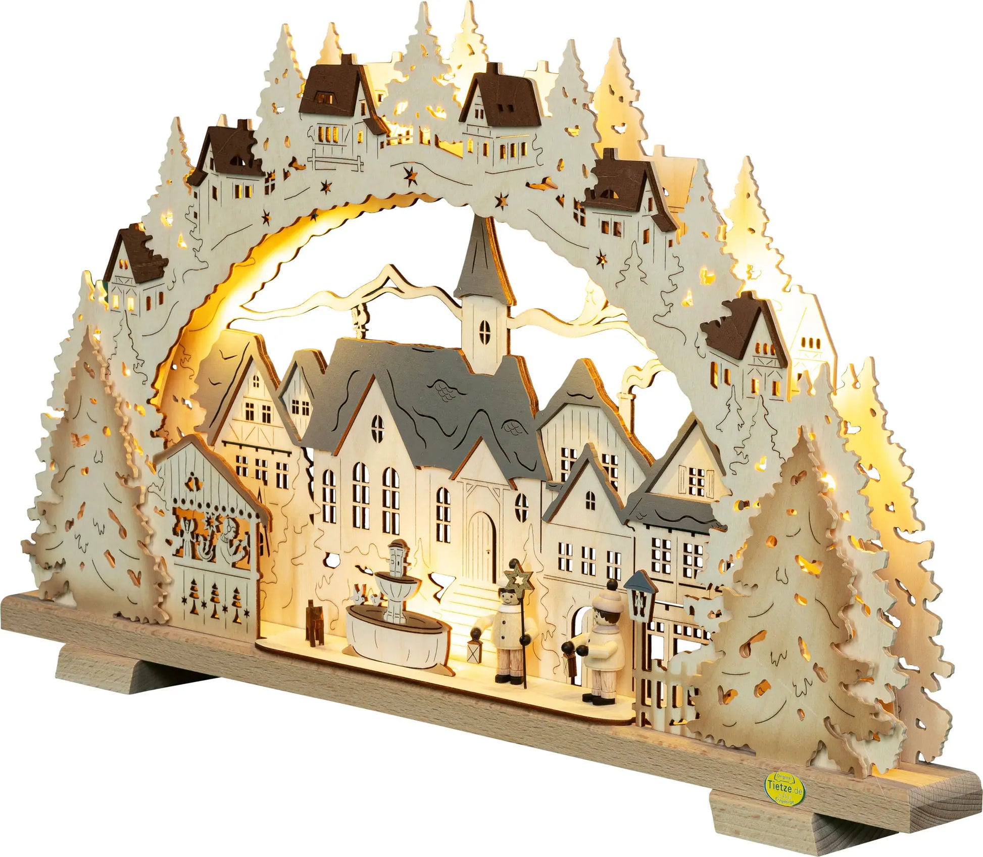 LED Schwibbogen "Adventszeit in der Kleinstadt" mit Orginal Tietze Figuren 45° links
