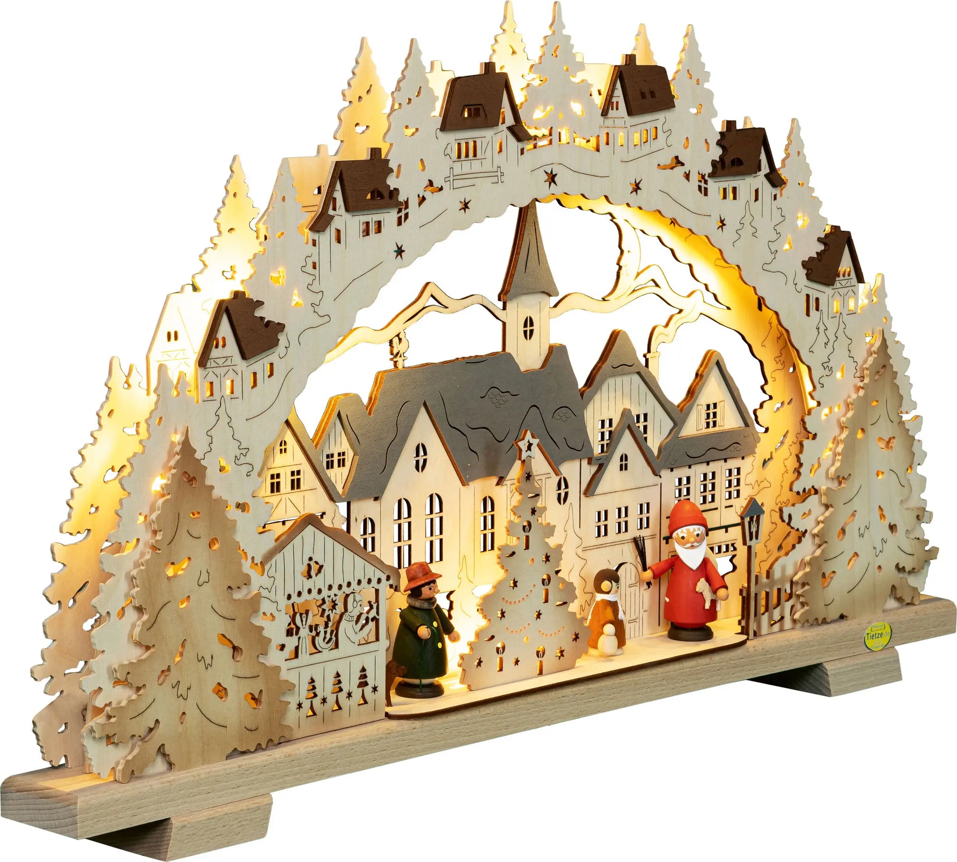 LED Schwibbogen "Adventszeit in der Kleinstadt" mit farbigen Hennigfiguren – 45° Ansicht von rechts
