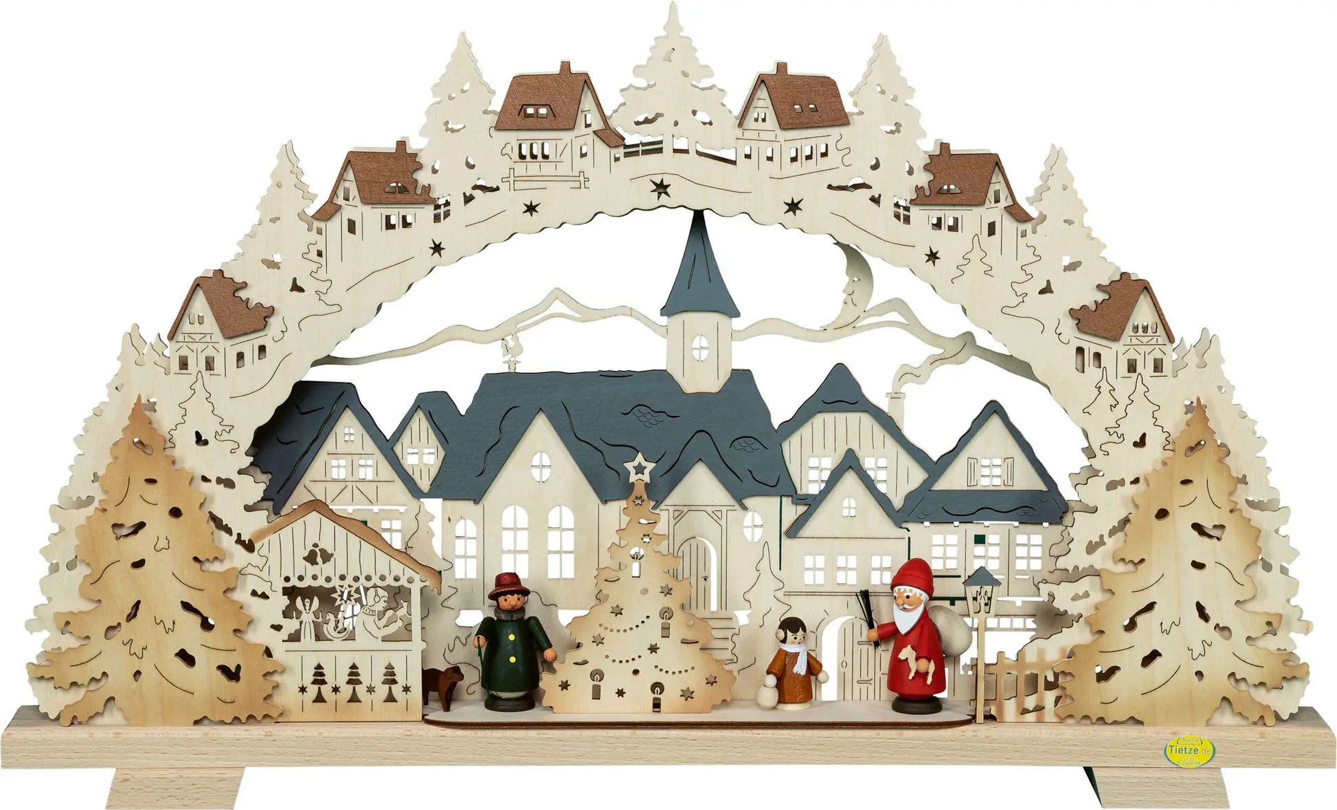 LED Schwibbogen "Adventszeit in der Kleinstadt" mit farbigen Hennigfiguren – Frontal unbeleuchtet