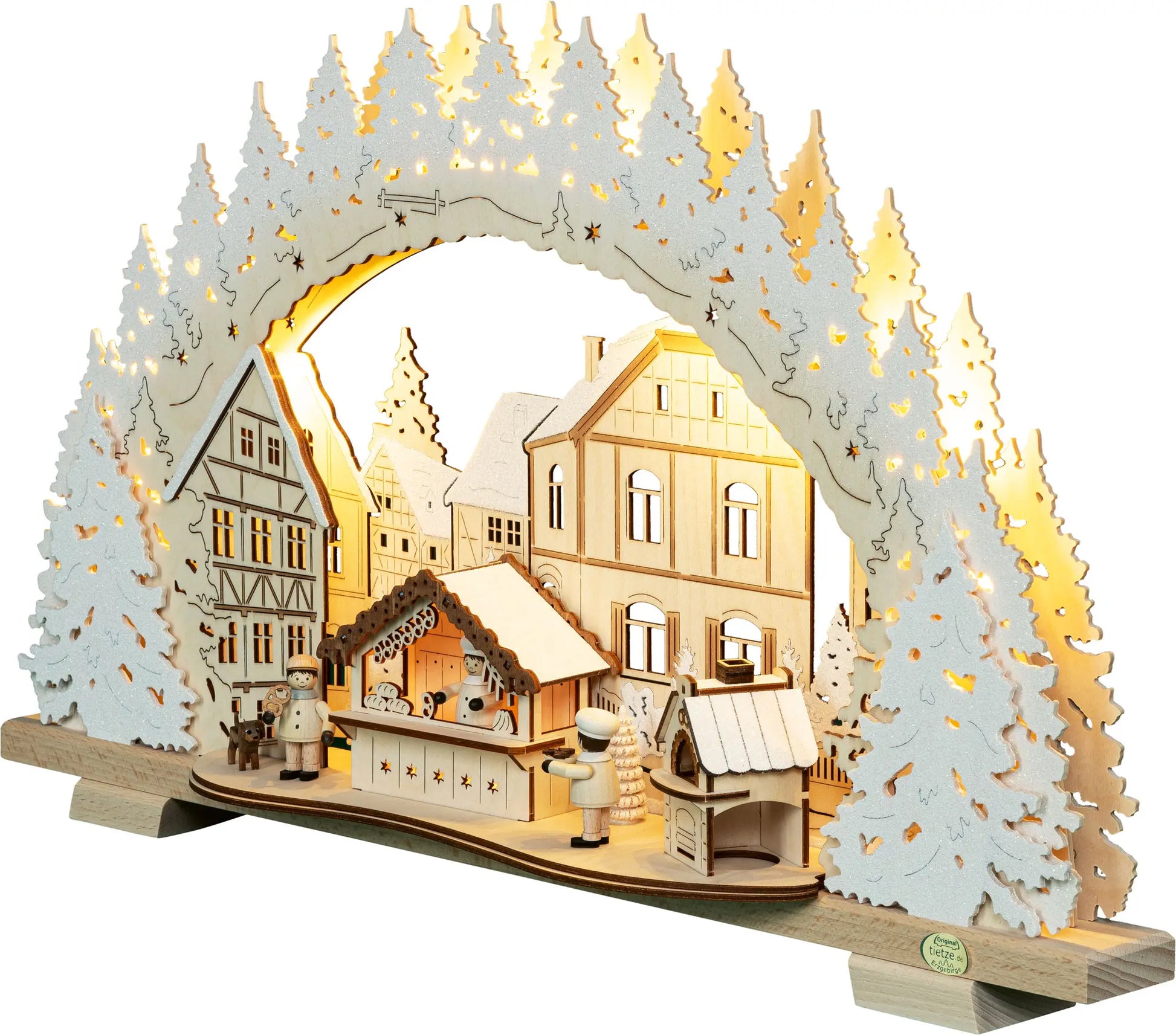 LED Schwibbogen "Weihnachtsbäckerei" beschneit – 45° Ansicht von links