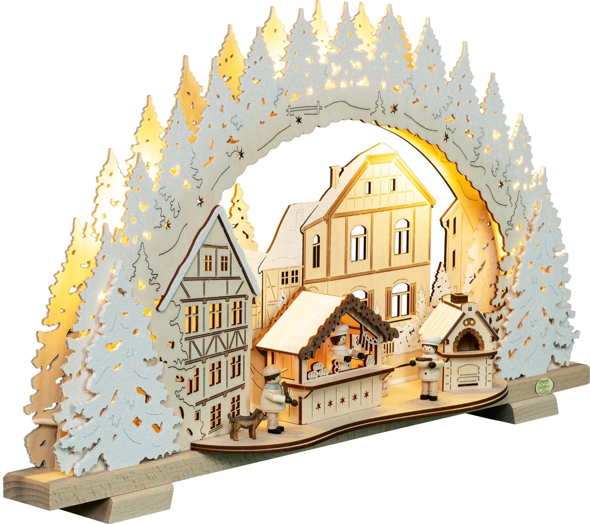 LED Schwibbogen "Weihnachtsbäckerei" beschneit – 45° Ansicht von rechts