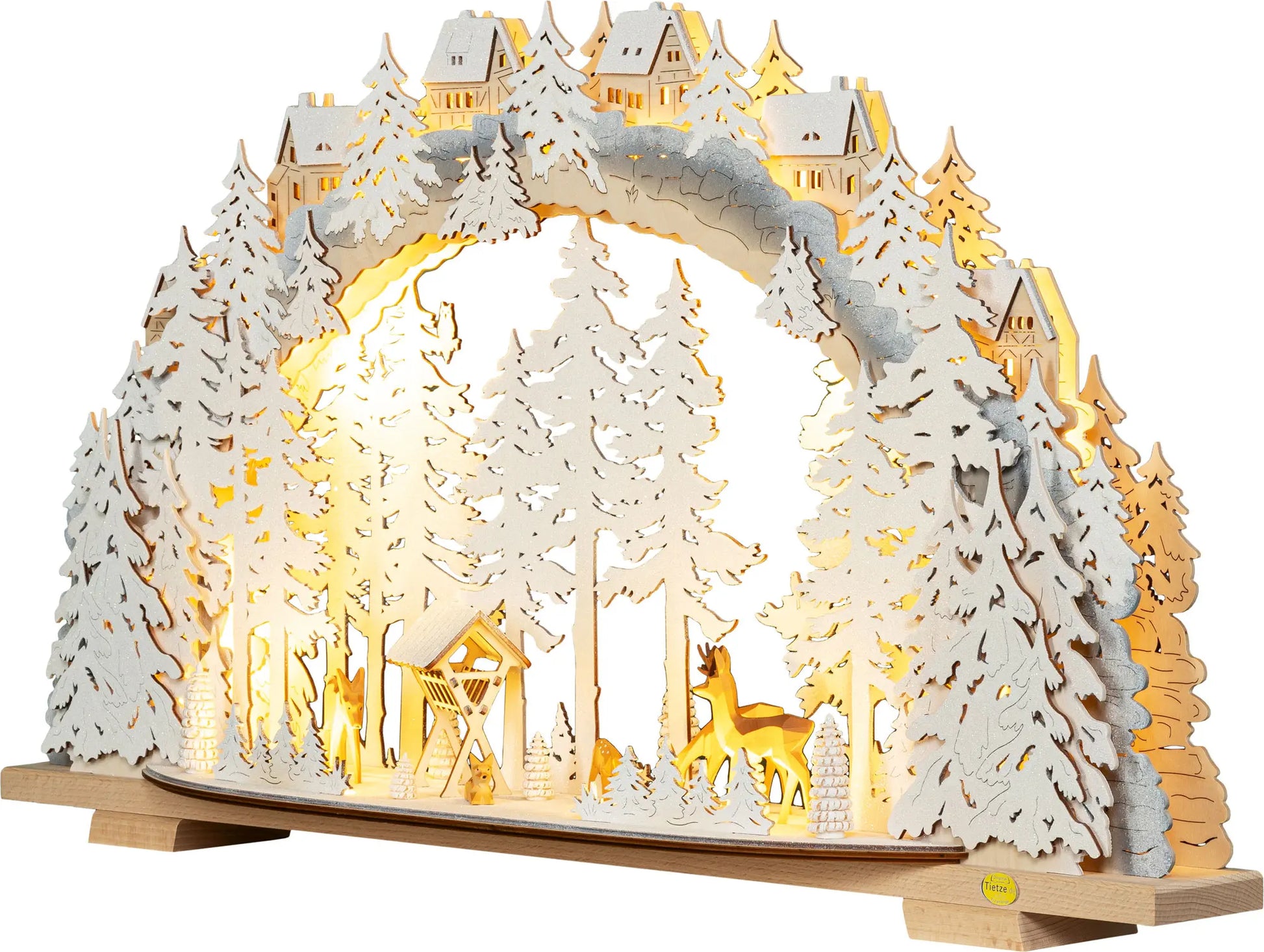 LED Schwibbogen "Rehe im Hochwald" beschneit – 45° Ansicht von links