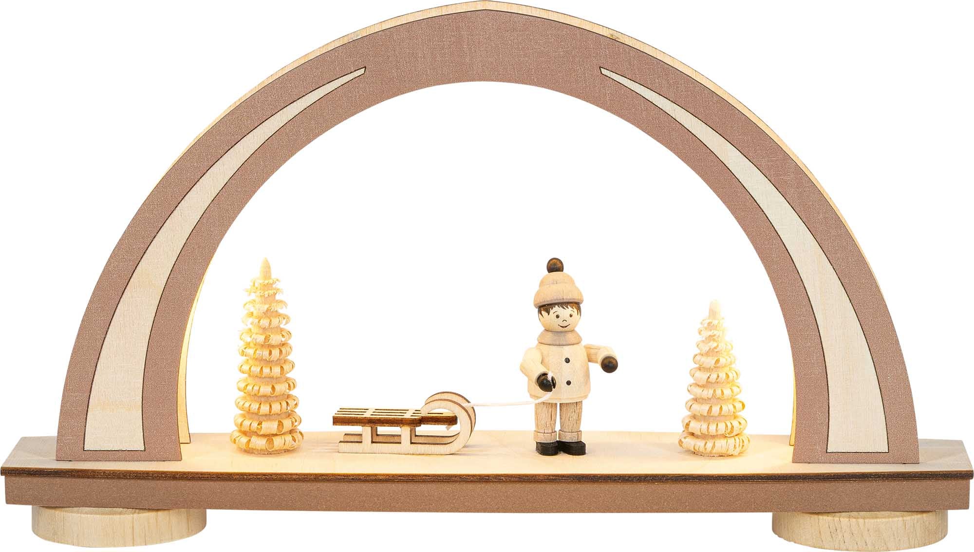 LED Mini-Schwibbogen - NEW LINE "Winterkind m. Schlitten" Mocca