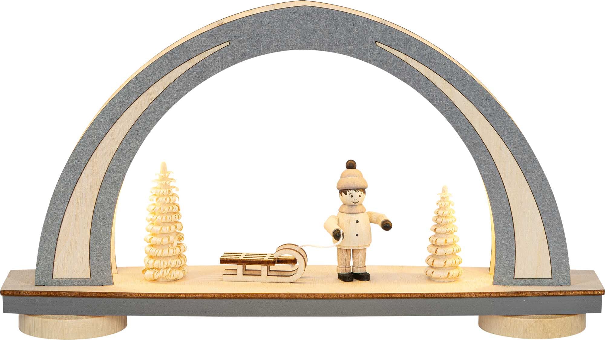LED Mini-Schwibbogen - NEW LINE "Winterkind m. Schlitten" Grau