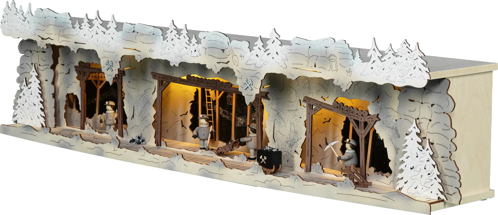 LED Panorama Schwibbogenerhöhung "Bergbau" beschneit – 45° Ansicht von links