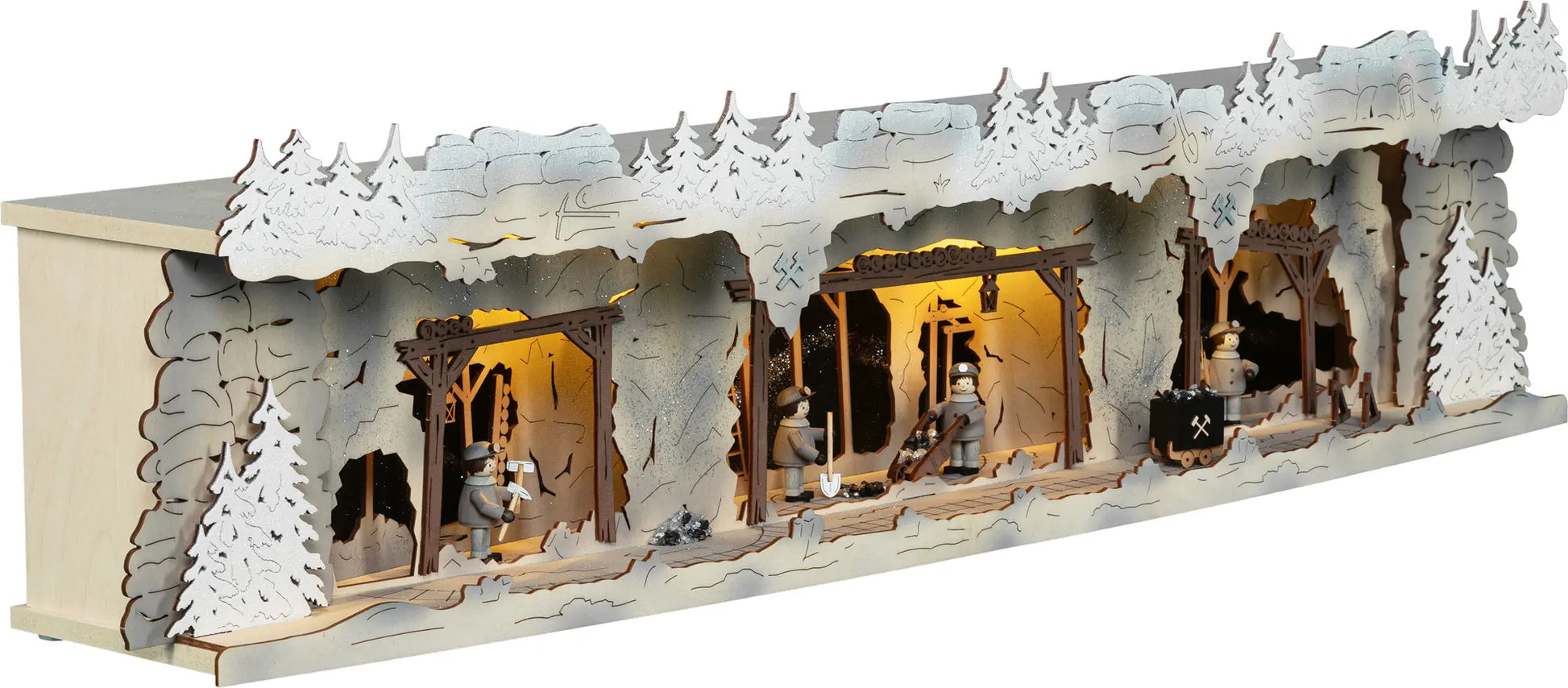 LED Panorama Schwibbogenerhöhung "Bergbau" beschneit – 45° Ansicht von rechts