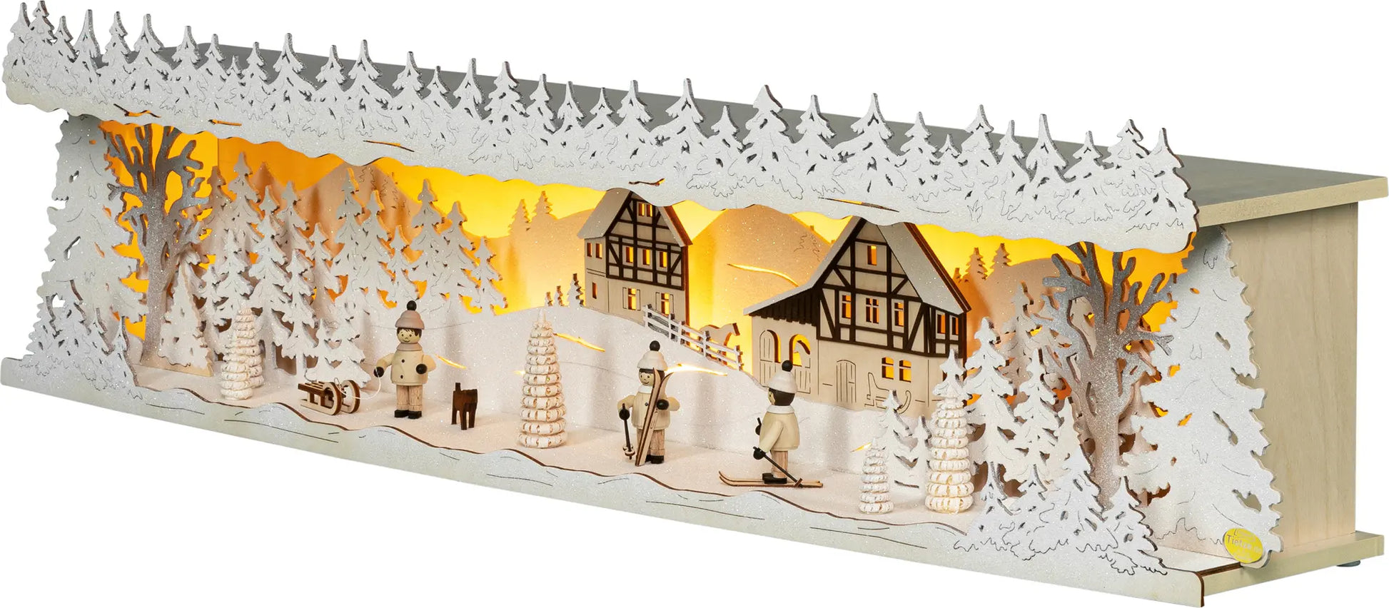 LED Panorama Schwibbogenerhöhung "Winterkinder" beschneit – 45° Ansicht von links