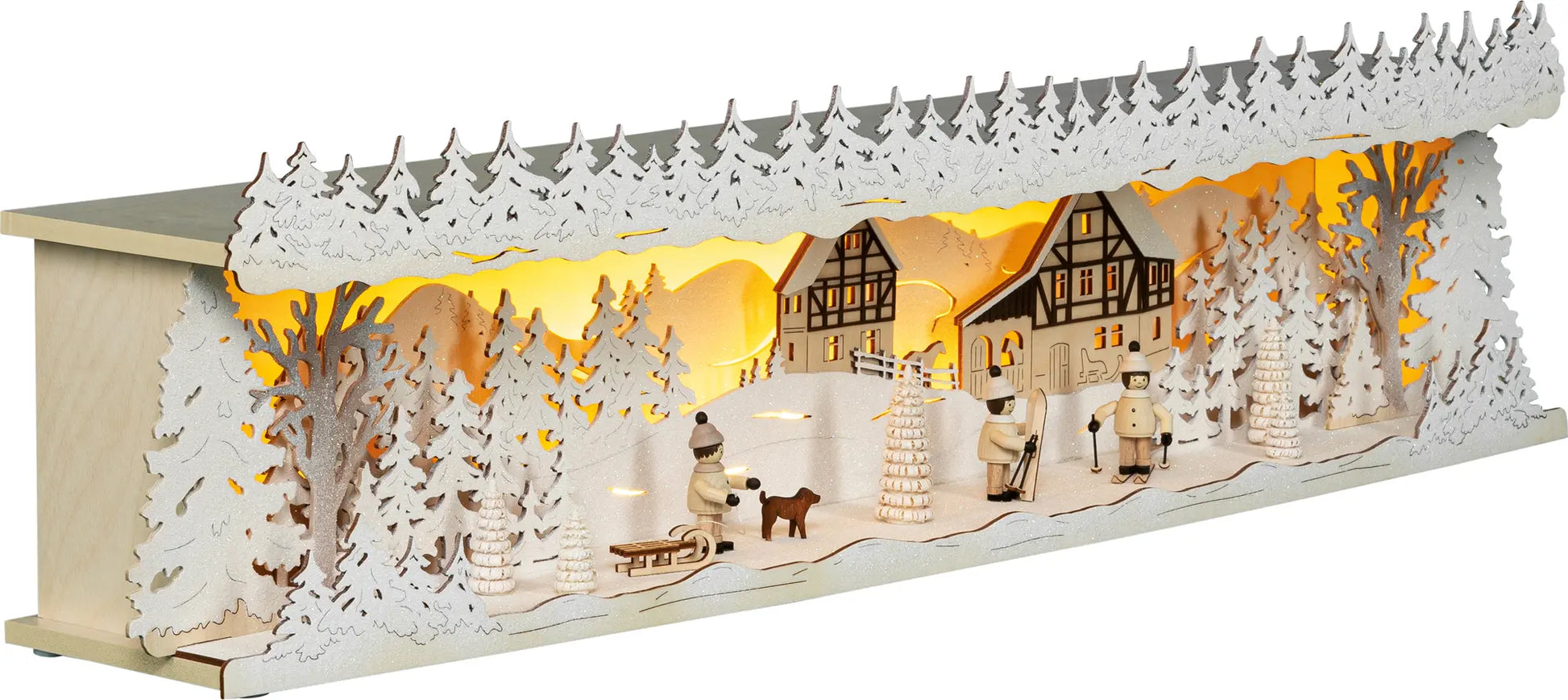 LED Panorama Schwibbogenerhöhung "Winterkinder" beschneit – 45° Ansicht von rechts