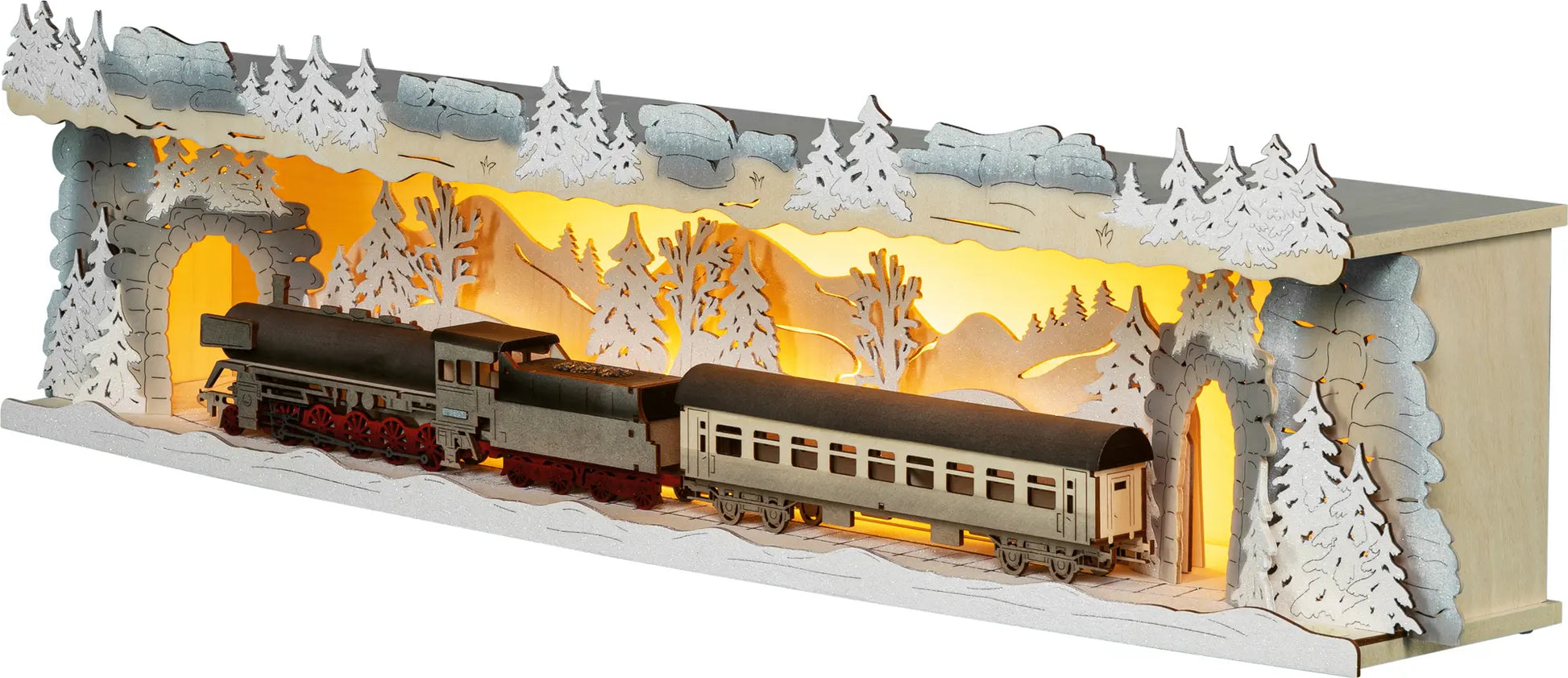 LED Panorama Schwibbogenerhöhung "Eisenbahn" beschneit – Frontal unbeleuchtet