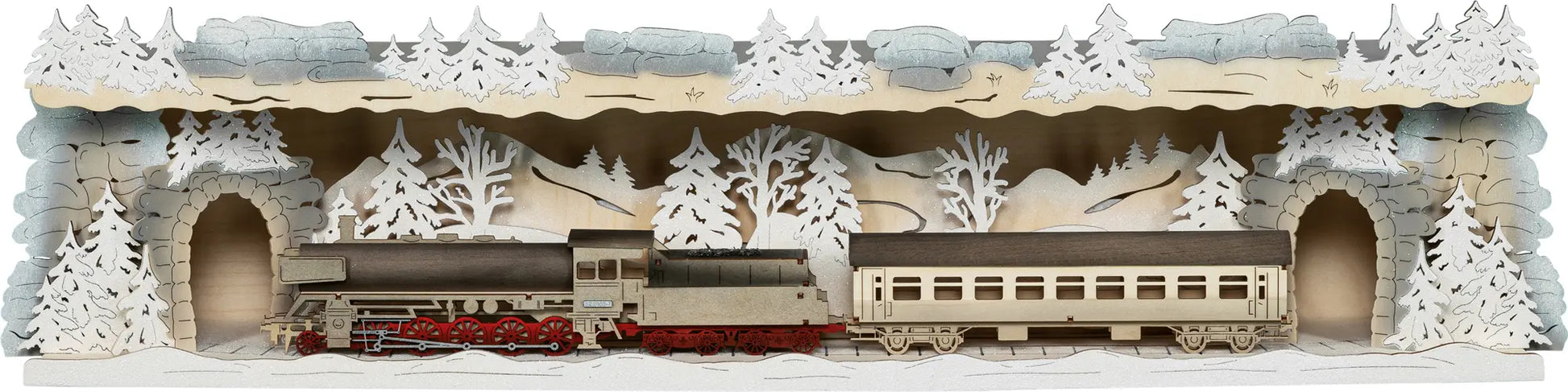 LED Panorama Schwibbogenerhöhung "Eisenbahn" beschneit – 45° Ansicht von links